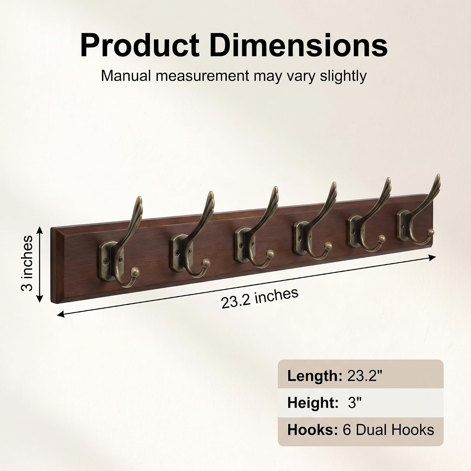 Wall Mounted Coat Rack with Solid Wood, 6 Bronze Metal Hooks – 23.22 Inch Rustic Brown Entryway Organizer for Hanging Coats, Hats, Jackets, Scarves, Bags, for Hallway, Bedroom, Bathroom（6Hooks）
