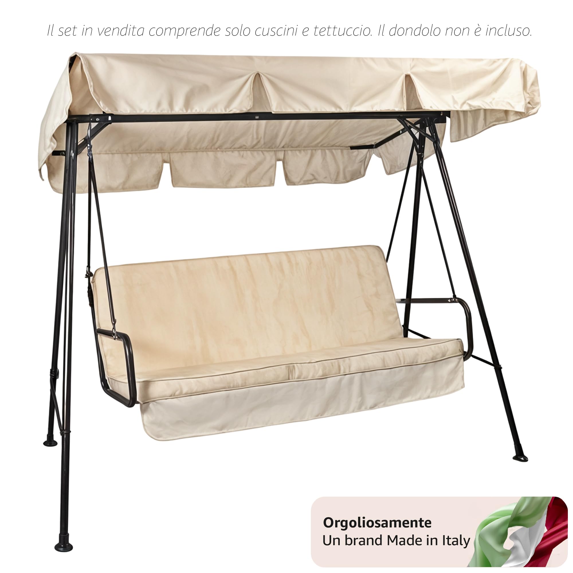Sicignano | Set Cuscino per Dondolo da Esterni – Telo Parasole Incluso, Cotone/Poliestere con Imbottitura in Poliuretano Espanso, Ideale per Giardino Terrazza Veranda (Ecrù, 4 posti, 165x50x60h cm)