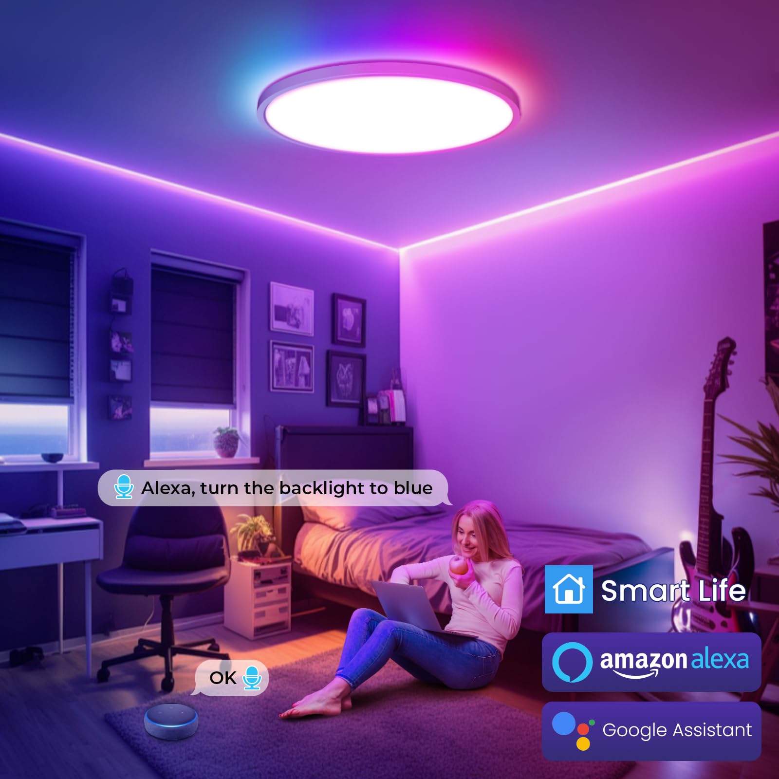 Plafoniera LED Soffitto RGB, Intelligente Lampada LED Soffitto Dimmerabile, Compatibile con Alexa Google Hom, Lampadario con 16 Milioni Colori per Camera da letto, Soggiorno, Bagno, 28W, 2800LM, 30CM