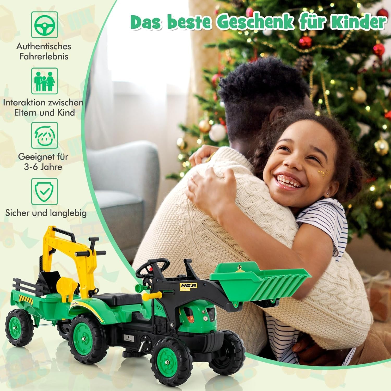 DREAMADE Trettraktor, Kindertraktor mit Anhänger & Schaufel & Frontlader, Kinderbagger Sitzbagger mit Hupe & Rechen, Tretfahrzeug für Kinder ab 3 Jahren (Grün)