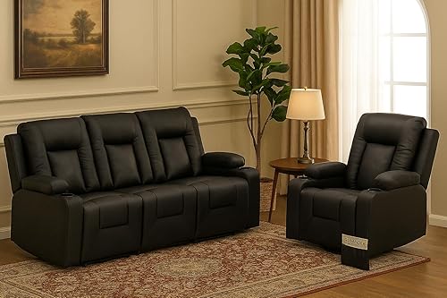 Miniatura 11 de LUCKLIFE Juego de sofá reclinable de cuero con sillones reclinables manuales, juego de muebles de sala con sofá reclinable, sofá biplaza y sillón,