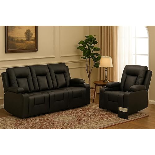 LUCKLIFE Leather Recliner Sofa Set with Manual Recliners,Living Room Furniture Set with Reclining Couch,Loveseat and Armchair,Living Room Chair with Cup Holders,Black (3+1)
