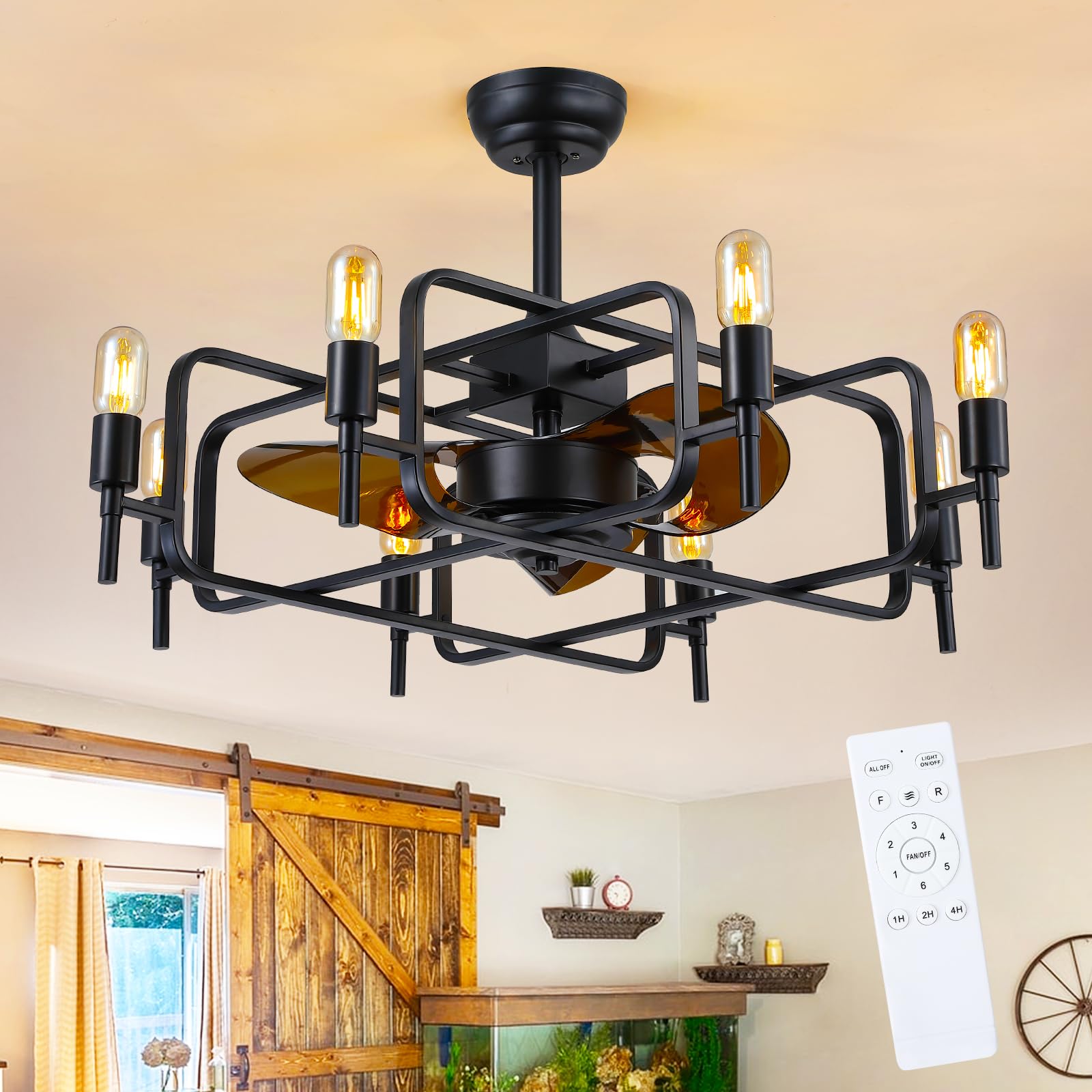 Mpayel Caged Ceiling Fans with Lights?Modern Enclosed Ceiling Fan Indoor with Remote Control?30" Black Industrial Ceiling Fan Light Kit for Living Room, Bedroom, Kitchen