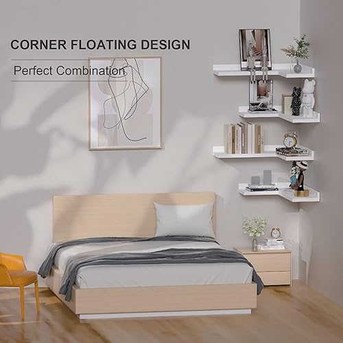 Miniatura 3 de Juego de 4 estantes flotantes de esquina de 4 niveles, estantes esquineros de madera de pino rústico para almacenamiento y decoración de pared,