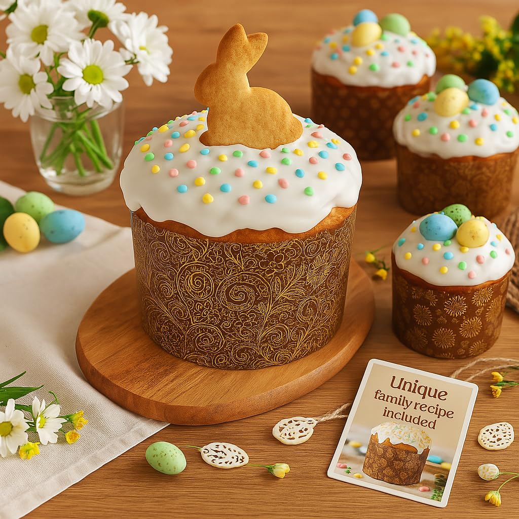 Moldes para hornear Kulich y Panettone de 12 onzas, paquete de 12 unidades, moldes de papel antiadherentes para pan de Pascua, 4.7 pulgadas de ancho x 3.1 pulgadas de alto, aptos para horno y