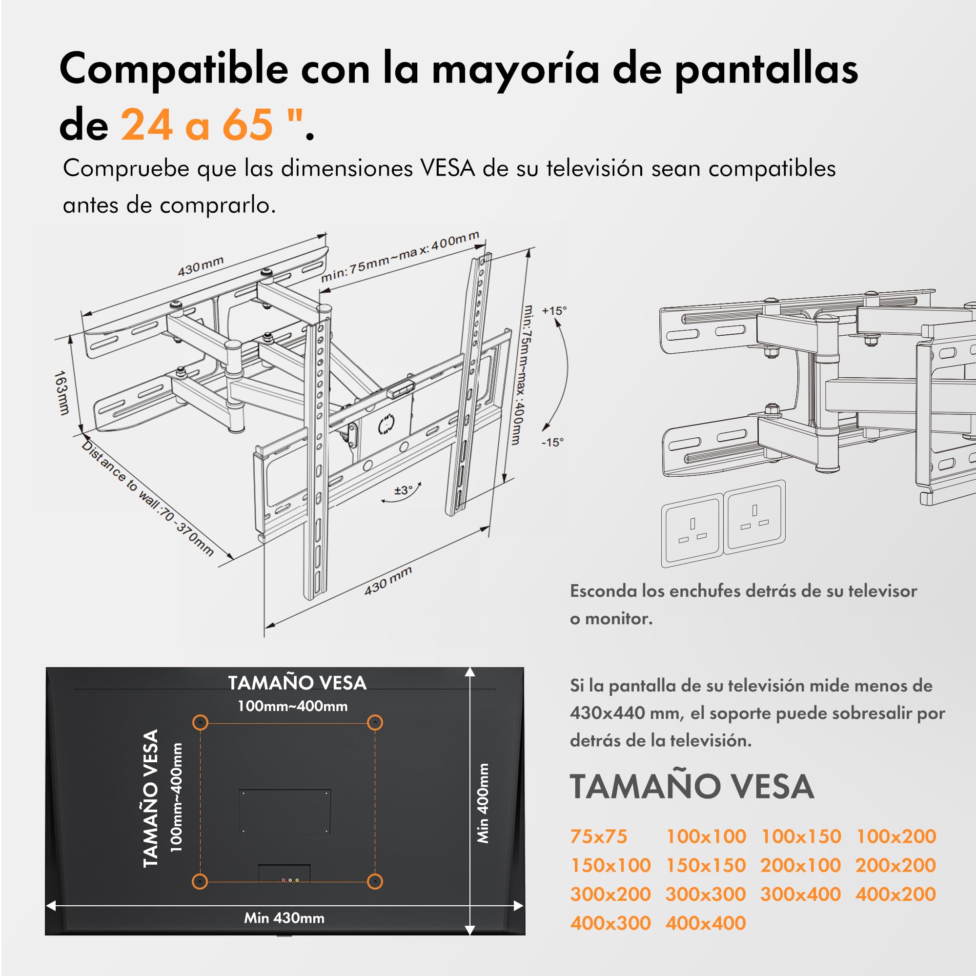 VonHaus Soporte de TV Pared para Pantallas Planos y Curvos de 23-70 Pulgadas, Inclinable Giratorio Soporte Inclinable y Giratorio, Doble Brazo de Movimiento Completo, VESA Min: 75x75mm MAX: 400x400mm