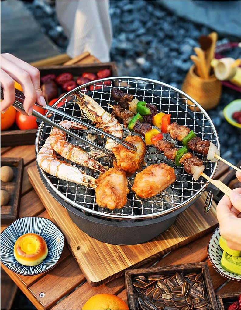 Parrilla de carbón para barbacoa, parrilla de carbón de hierro fundido, parrilla Hibachi, mini parrilla de carbón, estufa de camping portátil, estufa para interior y exterior, picnic en casa, camping 4