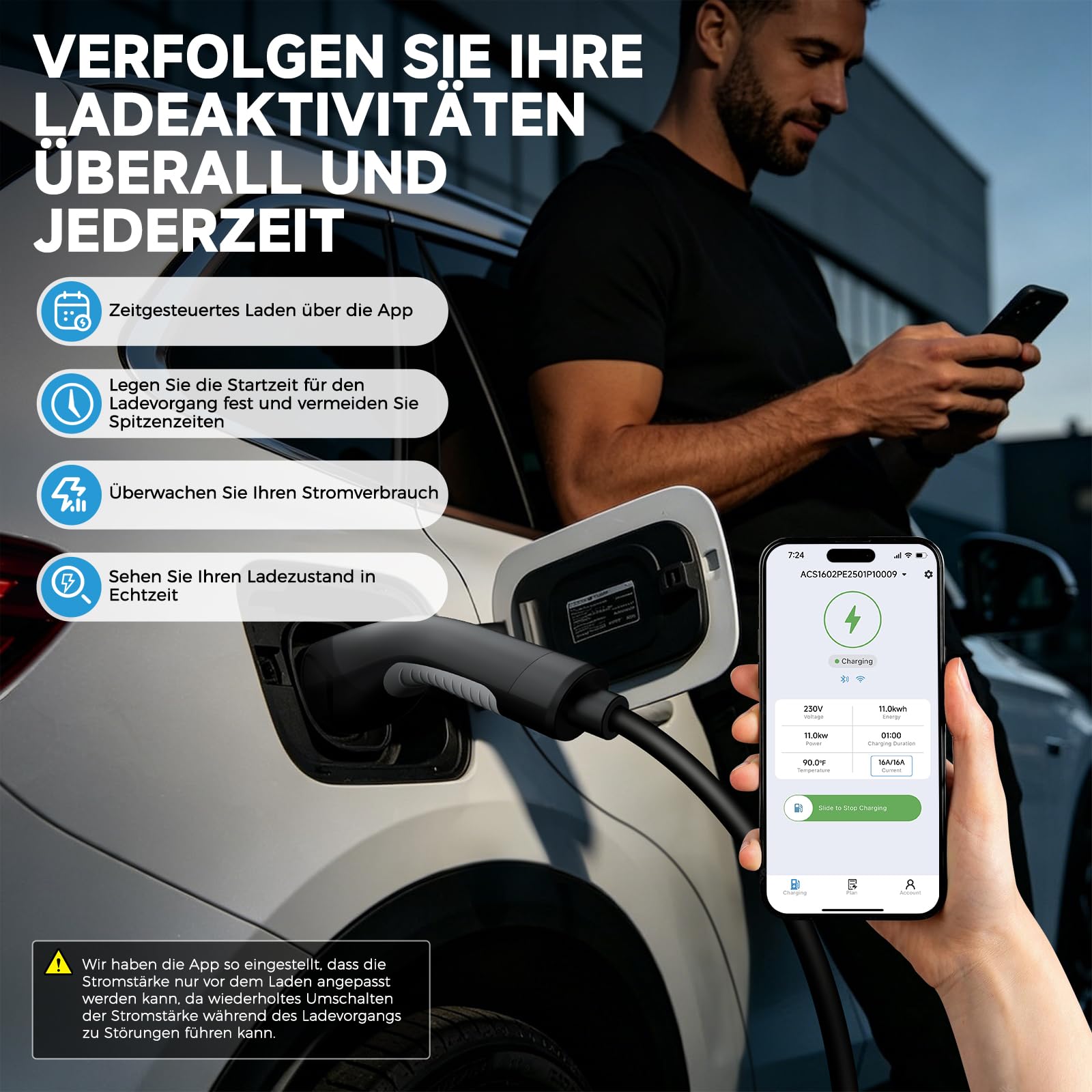 EVDANCE Mobile Wallbox 11kW mit App, 400V (6-16A) 3 phasig 7,8M Mobile Ladestation CEE Typ 2 Ladekabel IP66 mit Einstellbarer Ladeleistung, EV-Charger für Elektroauto & Hybrid(PHEV/EV)