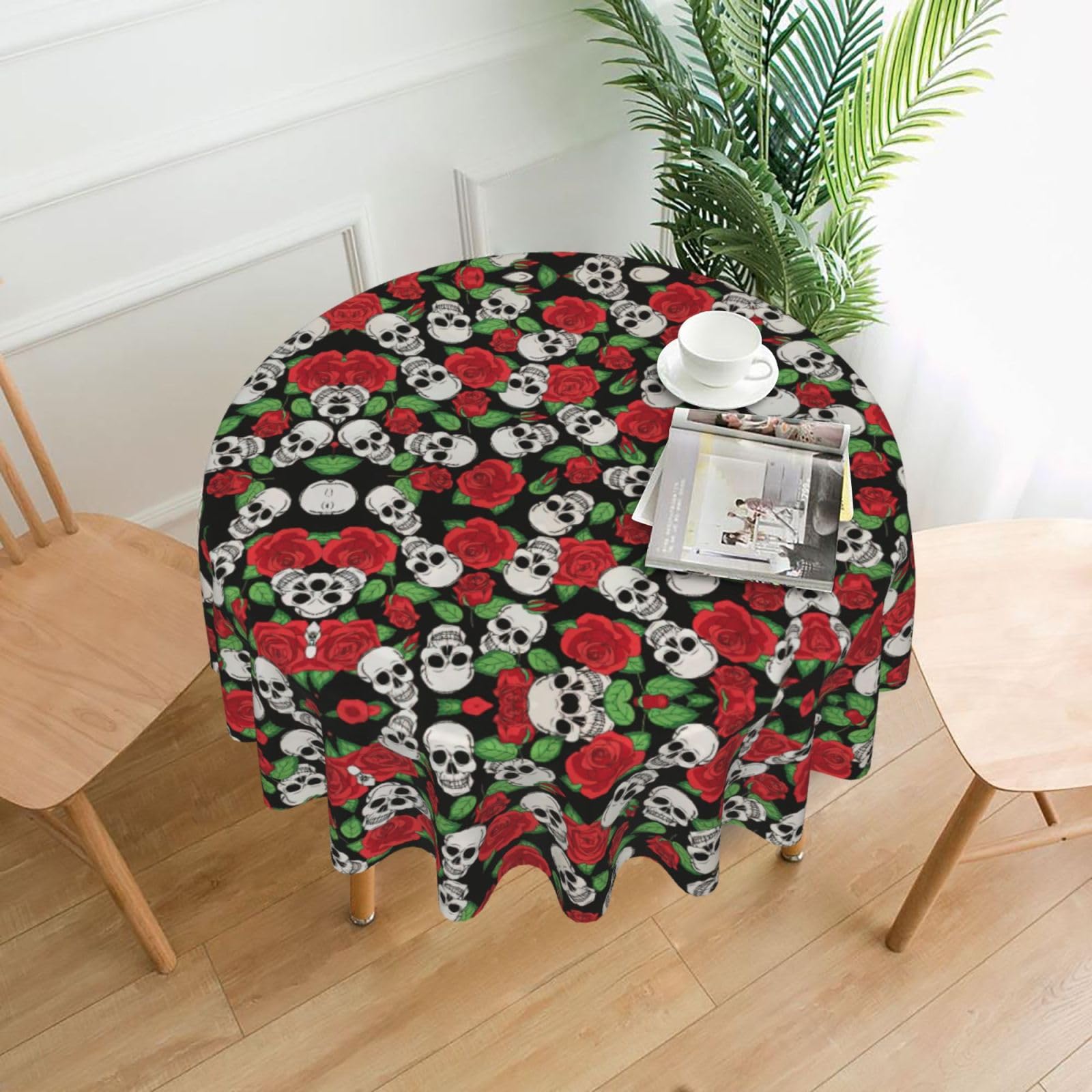 VCzsdff Skulls and Roses Print Stain Resistant Round Tablecloth 60in Family Friendly Polyester Cloth for Kids Meals