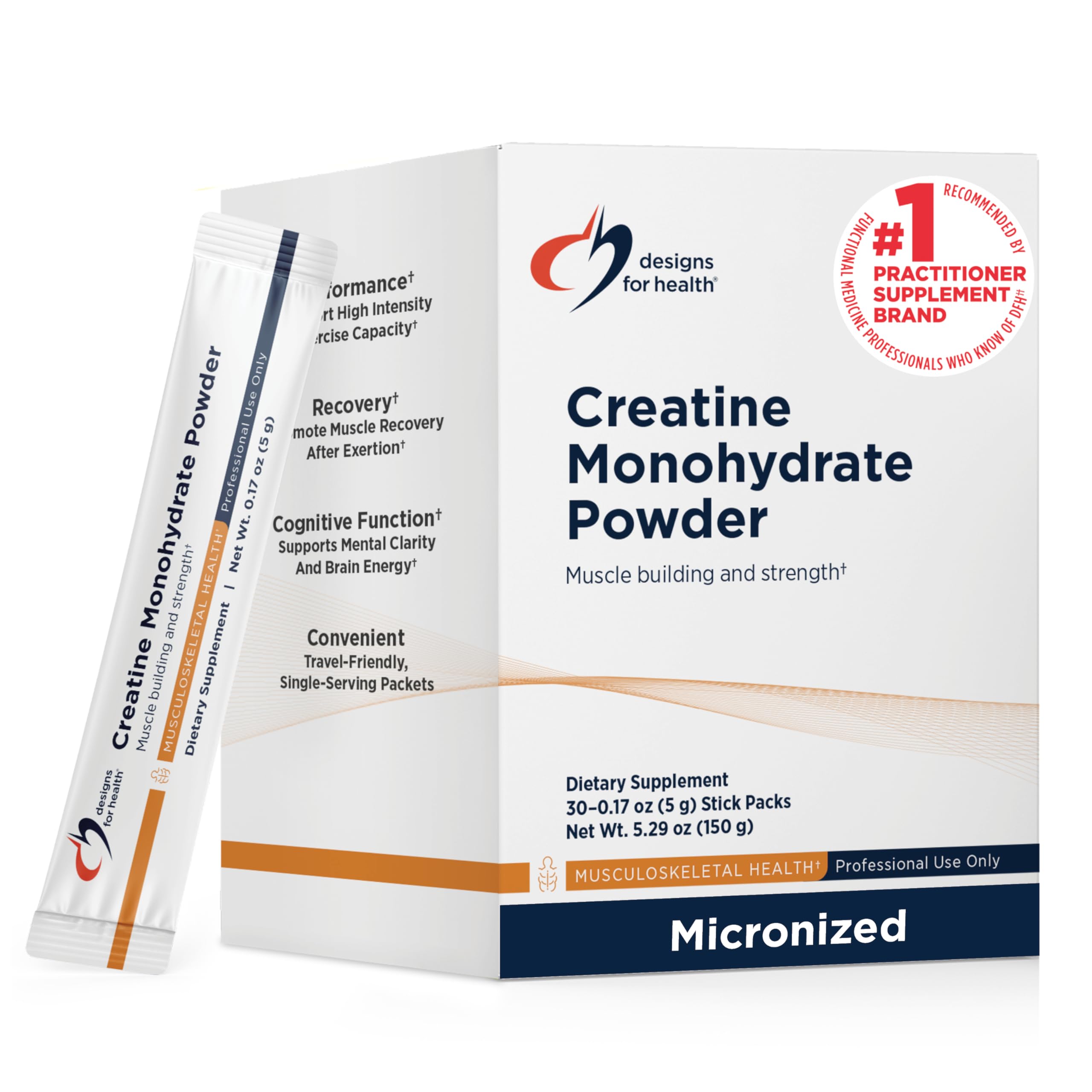 Designs for Health Creatine Monohydrate Powder, Unflavored Micronized Creatine Powder for Women & Men to Support Muscle Strength, Exercise + Brain Health, Pure Creatine Monohydrate 5g (30 Stick Packs) 5.29 Ounce (Pack of 1)