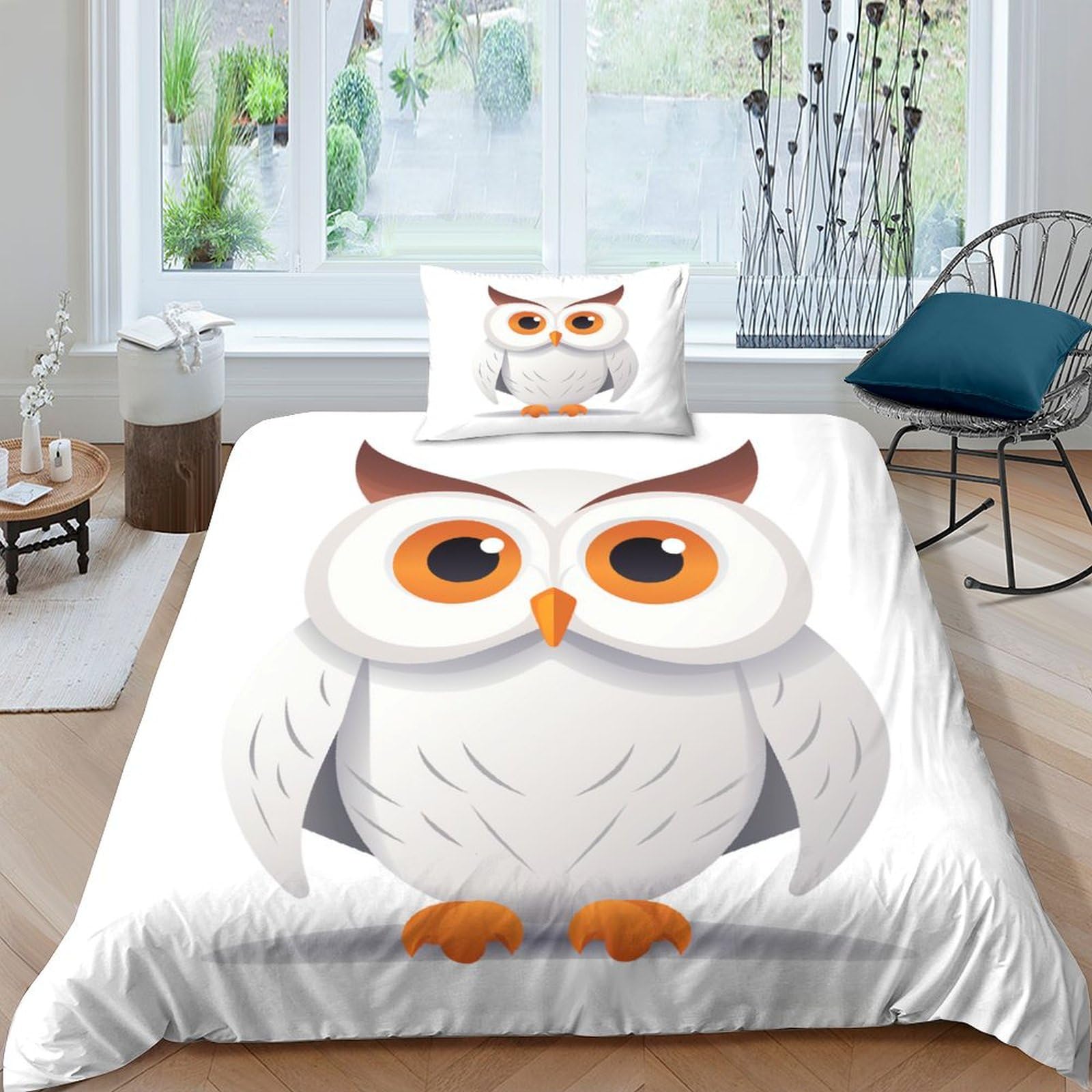 Housse de couette hibou 135x200 cm avec 2 taies d'oreiller en microfibres pour lit simple