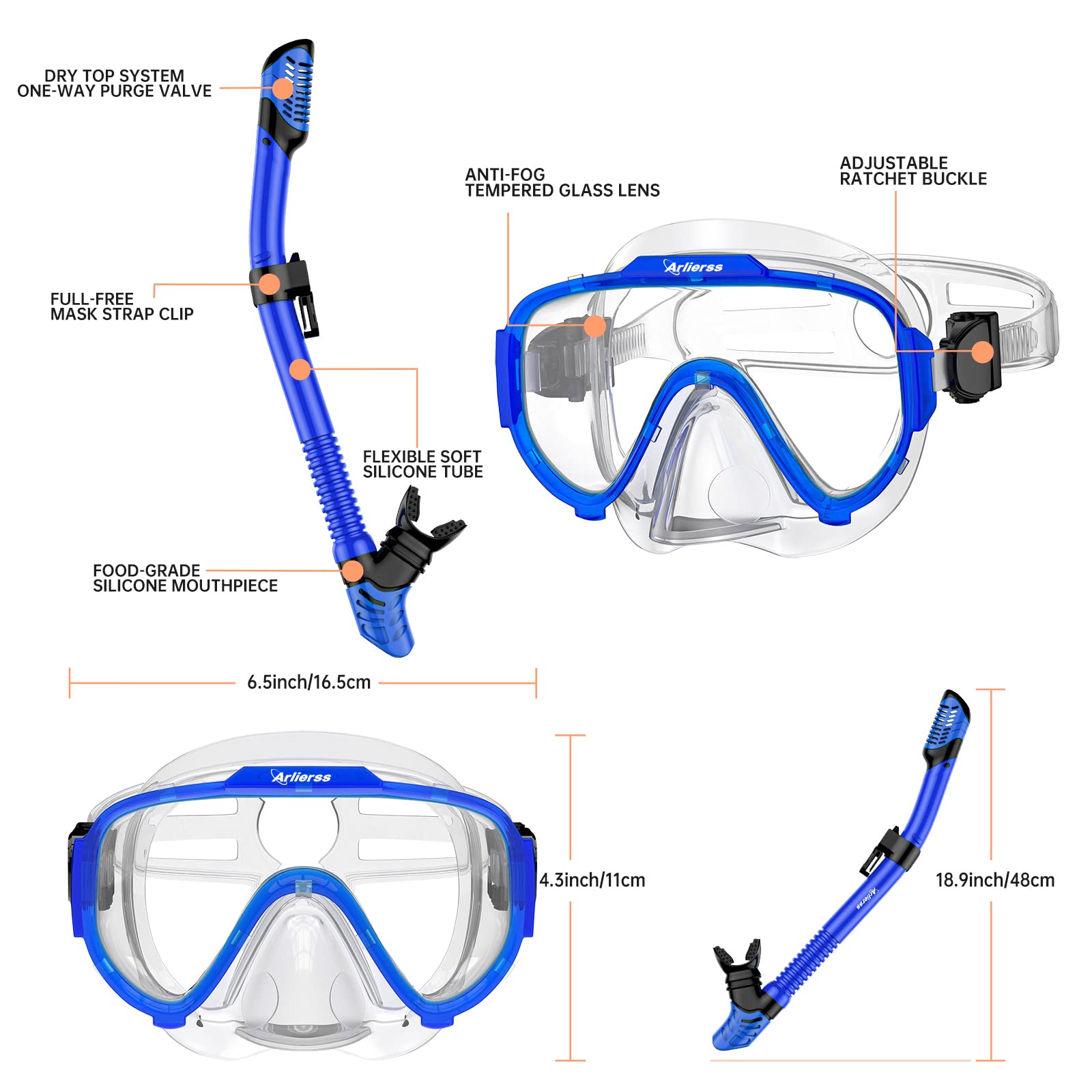 Arlierss Set per Snorkeling, Anti-Fog Maschera Subacquea Panoramica a 180 Gradi e Snorkel Pieghevole, Anti-Perdite Maschera Snorkeling, Set Snorkeling, Set per Lo Snorkeling ​a Secco, Unisex Adulto