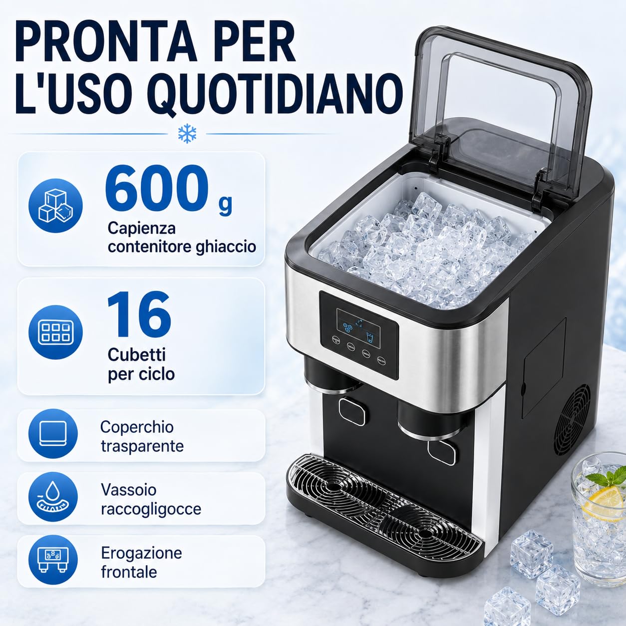 Macchina per il ghiaccio 3 in 1 con tritaghiaccio e acqua fredda, in acciaio inox per la casa, 16 cubetti in 7-9 minuti, robot da cucina compatto