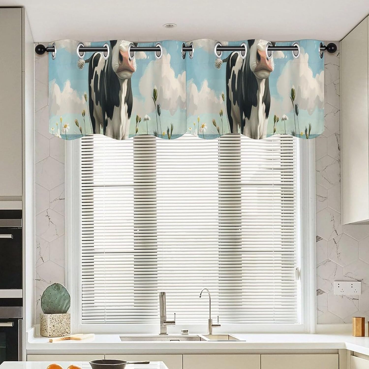 Hand Drawn Cow Valance for Windows, 2 Pack Kitchen Curtains Modern Home Decor, Soft Blackout Window Curtains for Living Room & Bedroom, 18 X 52 Inch