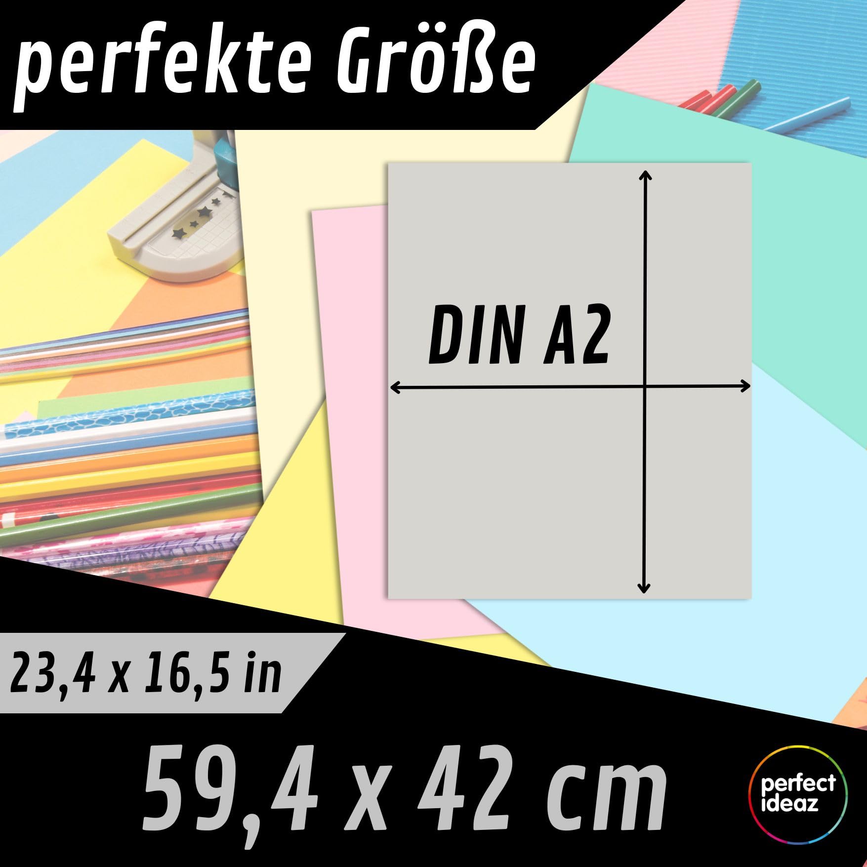 perfect ideaz 50 hojas de cartón fotográfico DIN A2, 10 colores, cartón reciclado estable de 300 g/m², fabricado en Alemania, certificado Blauer Engel