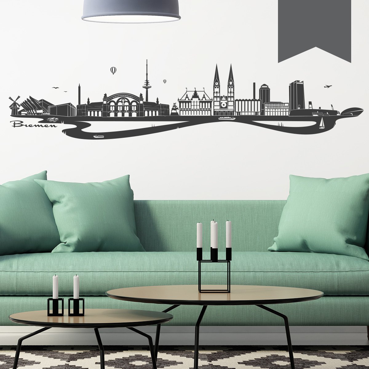 Wandtattoo - Skyline Bremen (mit Fluss) - 220 x 49 cm - Dunkelgrau - Wähle aus 6 Größen & 35 Farben
