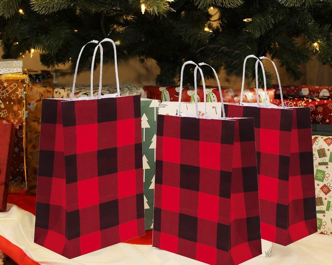 Uр Tо 60% оƒƒ Soplus 12 Pieces Buffalo Plaid Paper Party Bags Christmas Paper Bags Birthday Kraft Party Bags with Handle for Christmas, Party, Wedding, Red and White