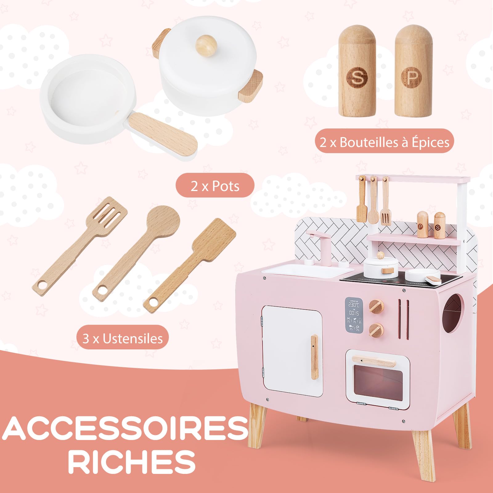 GOPLUS Cuisine Enfant, Cuisine en Bois Enfant avec Four, Cuisinière, Évier, Robinet et Ustensiles de Jeu, Jouet Montessori avec Armoire & Étagère, pour Garçons Filles 3+ Ans