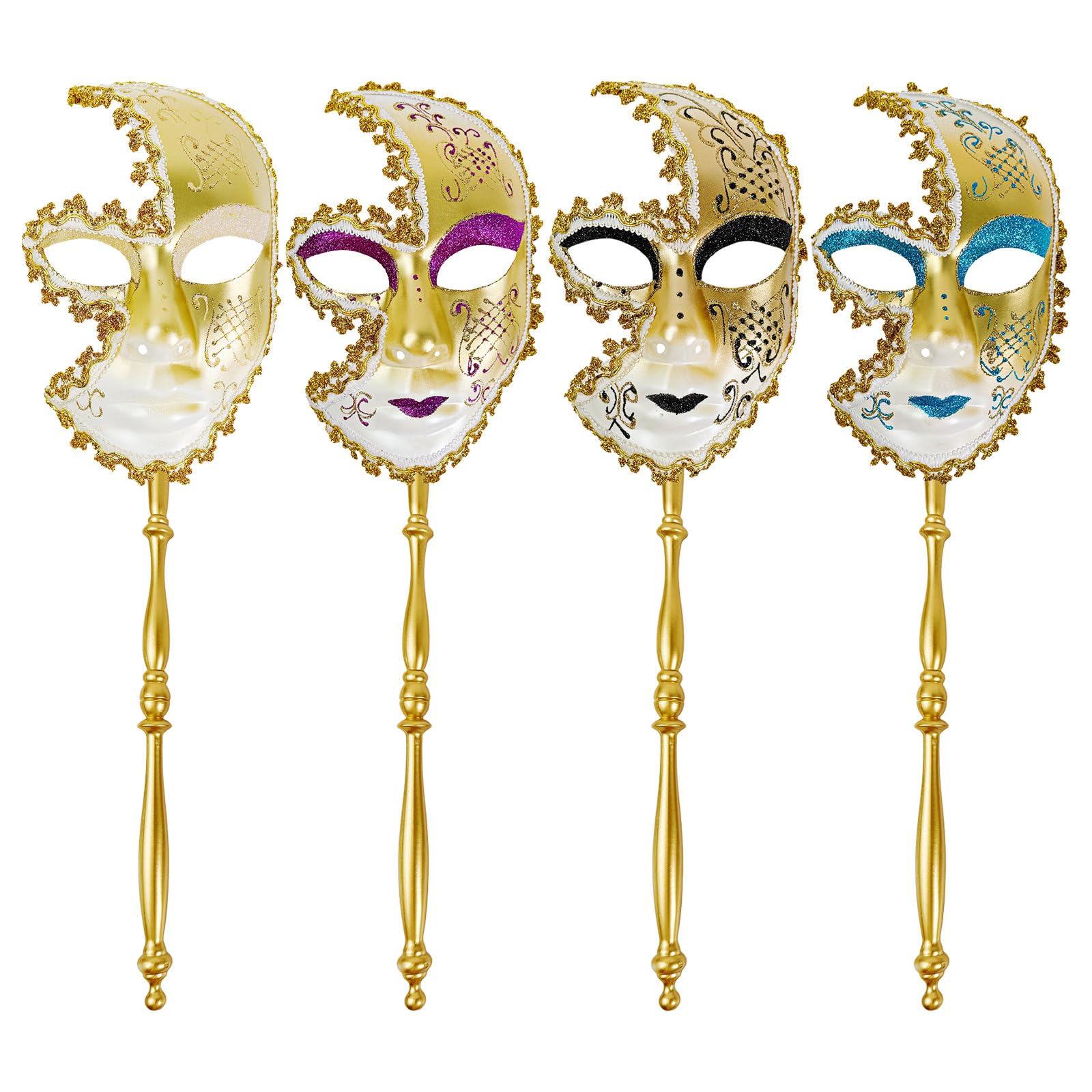 JewelryWe Maska wenecka z prętem: 4 sztuki Phantom Der Opera Handheld pełna maska vintage gotycka dla kobiet i mężczyzn, maska na oczy, kostium teatralny, na Halloween, karnawał, imprezę gotycką, bal