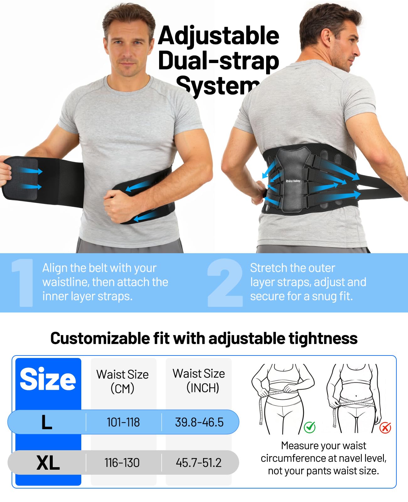 Tutore Schiena per Uomo, Tutore di Sostegno per Alleviare il Dolore Lombare, Cintura di Sostegno Lombare Regolabile con Imbottitura Lombare, Tutore per Sollievo Immediato da Ernia Discale, Sciatica, L