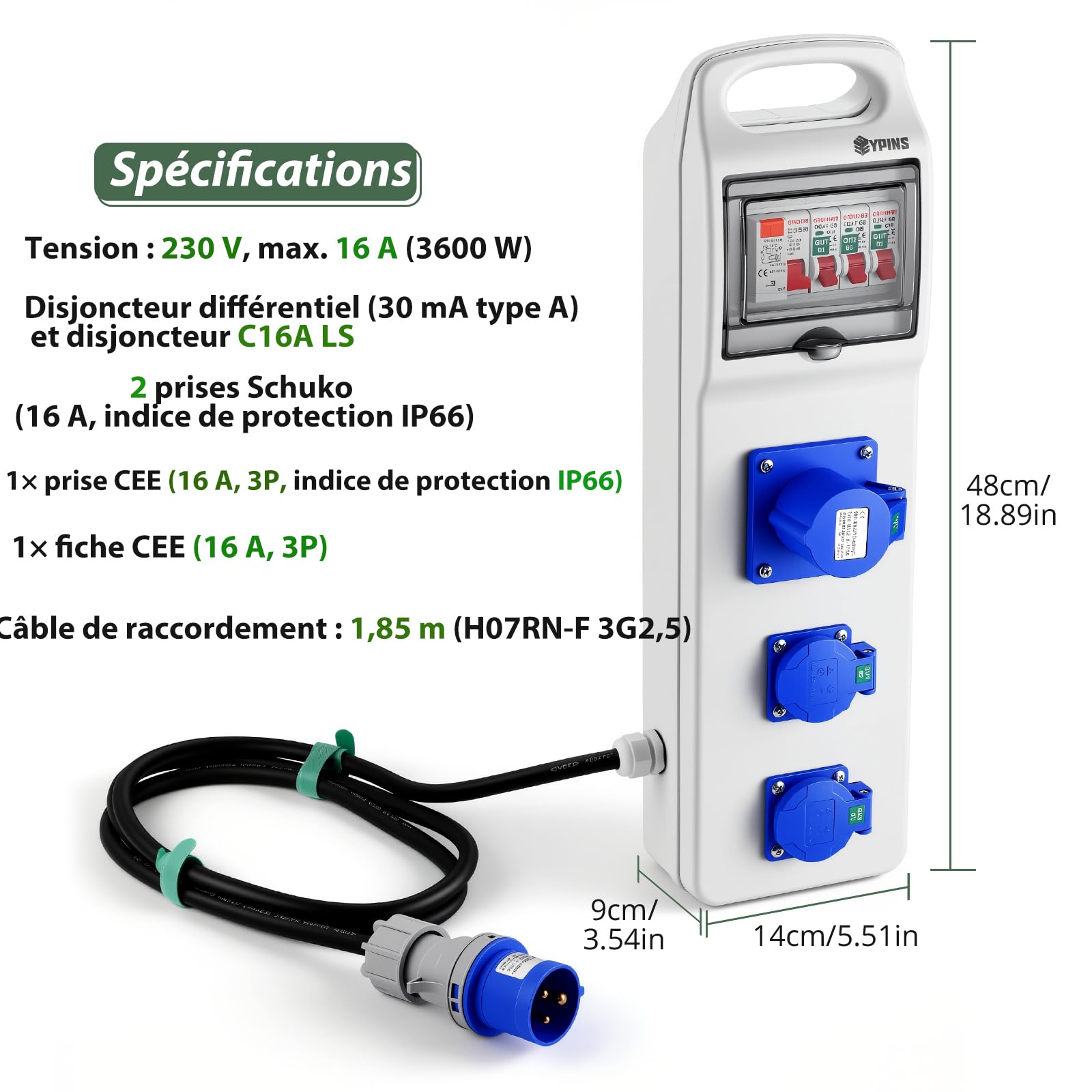 EYPINS Prise CEE 16 A + 2 Prises Européennes 16 A – Cordon H07RN-F 3G2,5 IP55 / IP54 – Adaptateur Industriel Étanche pour Camping-Car, Chantier, Industrie