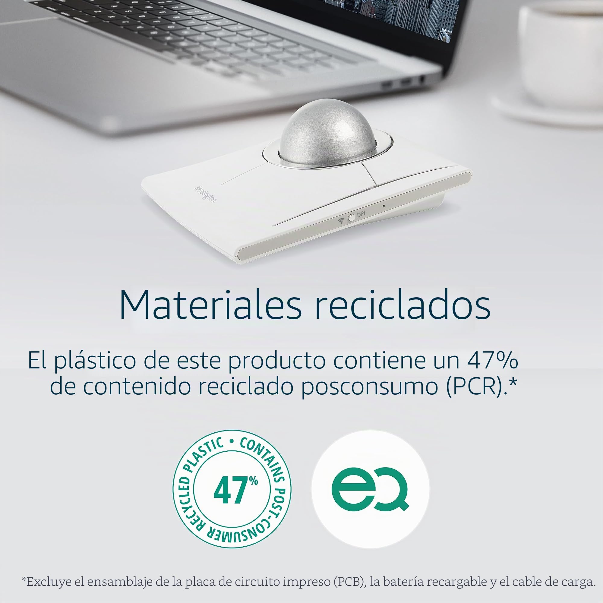 Kensington SlimBlade Pro EQ - Trackball inalámbrico, Bluetooth, conexión de 2,4 GHz, Recargable, Botones programables, Bola Blanca/Plateada