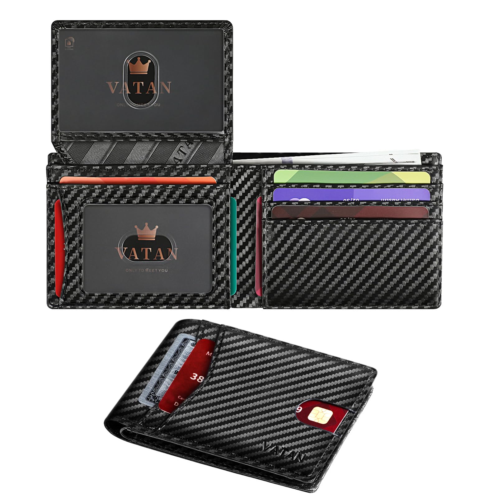 VATAN Wallet for Men Slim RFID Blocking Leather Credit Card Holder Wallet for 15 Cards, Bifold Minimalist Thin Wallet with 2