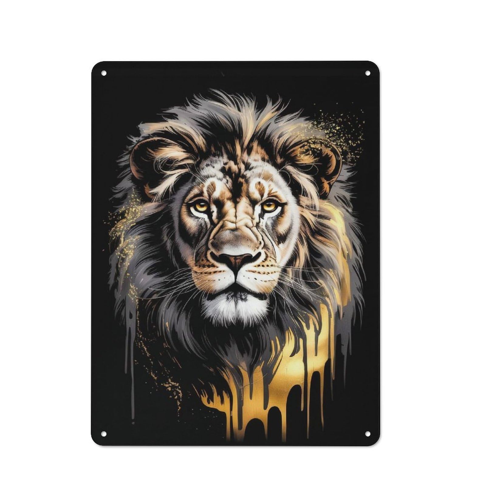 Junmoney Style-14 For Studio Or Craft Room, Aureate Sovereign – Lion’s Roar In Abstract Gold & Ebony Rustic Tin Wall Plaque 40X30cm, For Vintage Wall Decor Fans, For Metal Sign Collectors