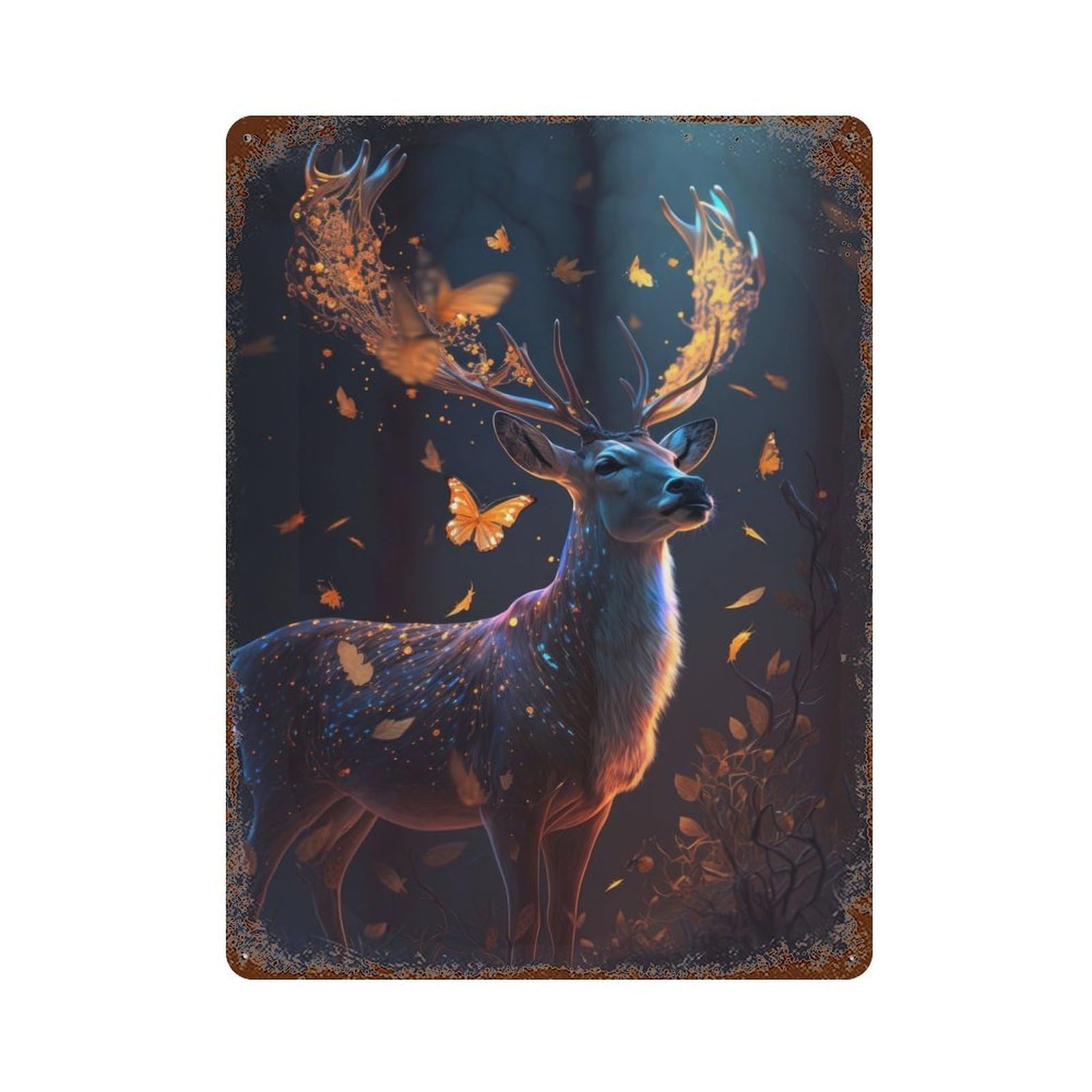 Rust Effect Magic Butterfly Deer Dream Weathered Tin Sign 15.7"x11.8", Classic Wall Plaque for Living Room, Hallway And Home Decor