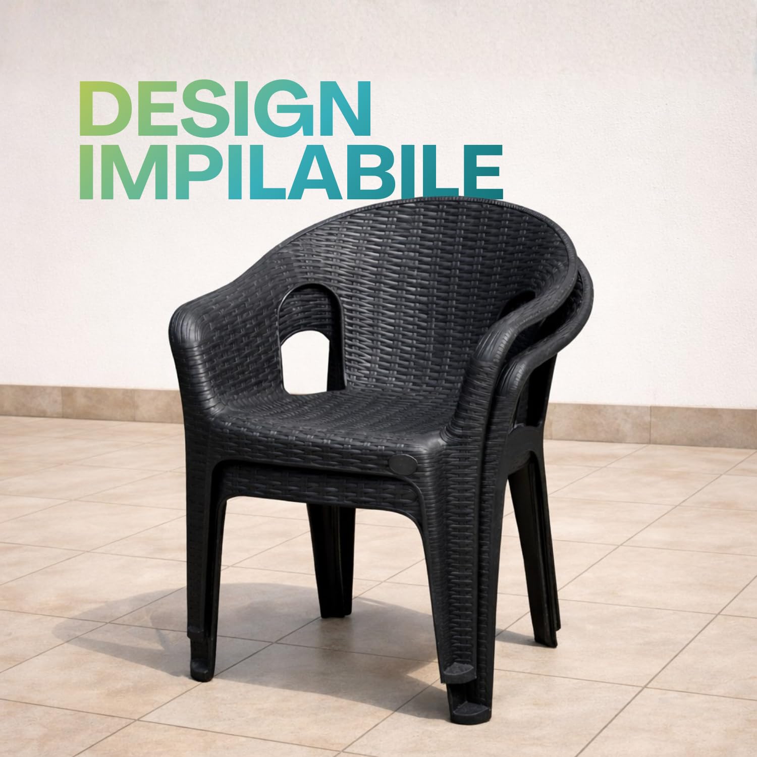PALUPLUS Set 6 Sedie da Giardino in Polipropilene effetto Rattan colore Antracite, misura 56x47x81 cm, Sedia Impilabile, Schienale Basso e Braccioli per Esterno ed Interno, Portata 120 Kg -2622F -22