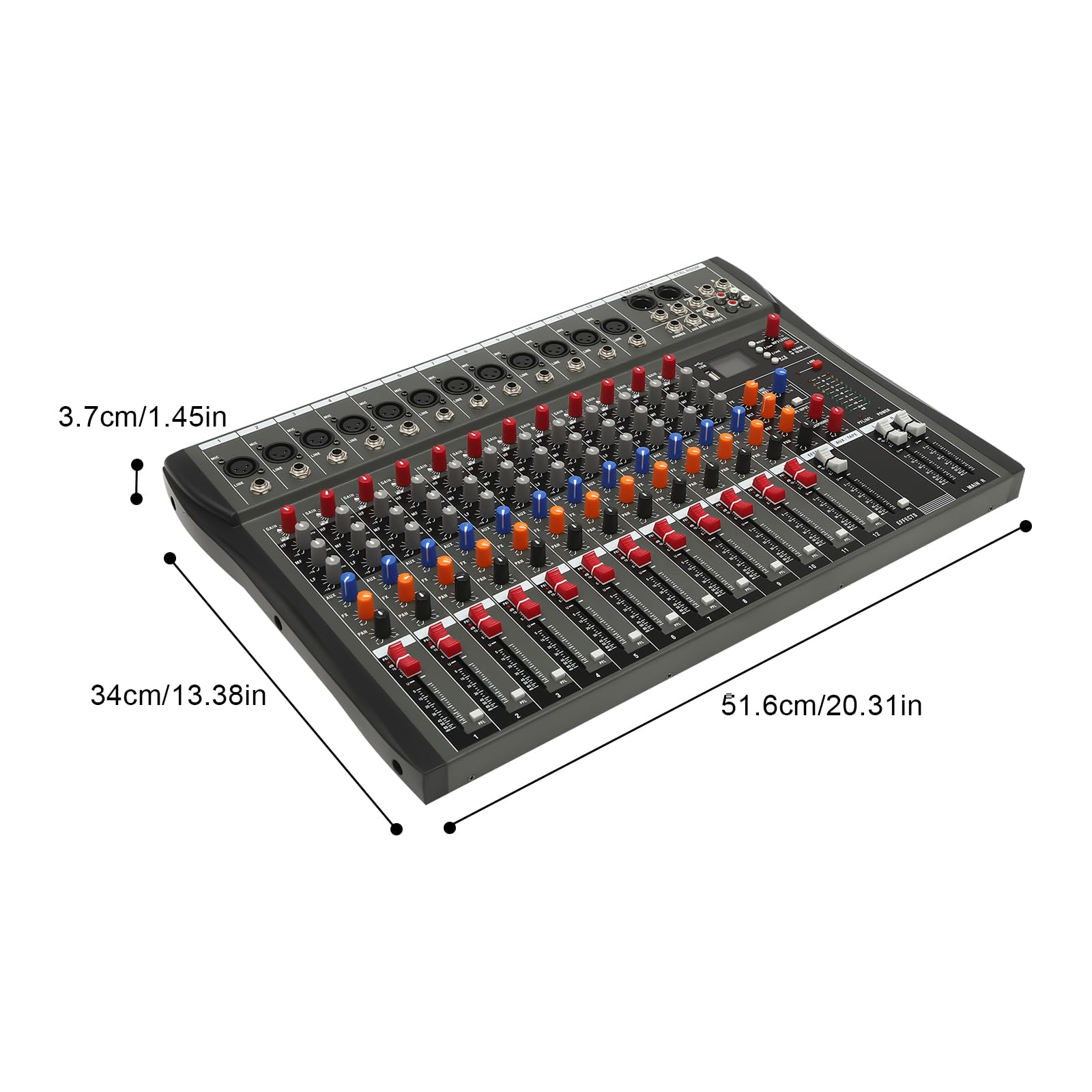 Console mixer audio USB professionale a 12 canali con connessione Bluetooth, alimentazione phantom 48V e equalizzatore a tre bande per musica ed eventi