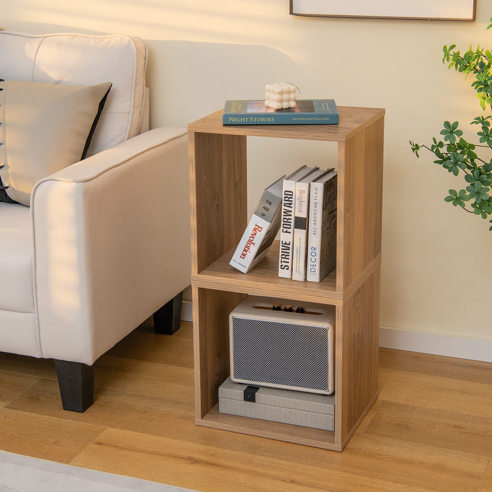 COSTWAY 2er Set Würfelregalen, stapelbares Regalwürfel, Bücherregal, Cuberegal für Wohnzimmer, Schlafzimmer, Arbeitszimmer, Eiche