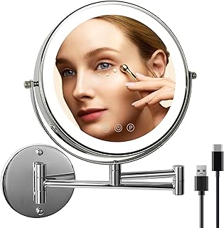 9" Wall Mounted Lighted Makeup Mirror with Magnification, 1X/10X Magnifying Mirror with Light, 3 Color LED Dimmable 2000mAh Rechargeable Light Up Magnifying Mirror Silver Extendable