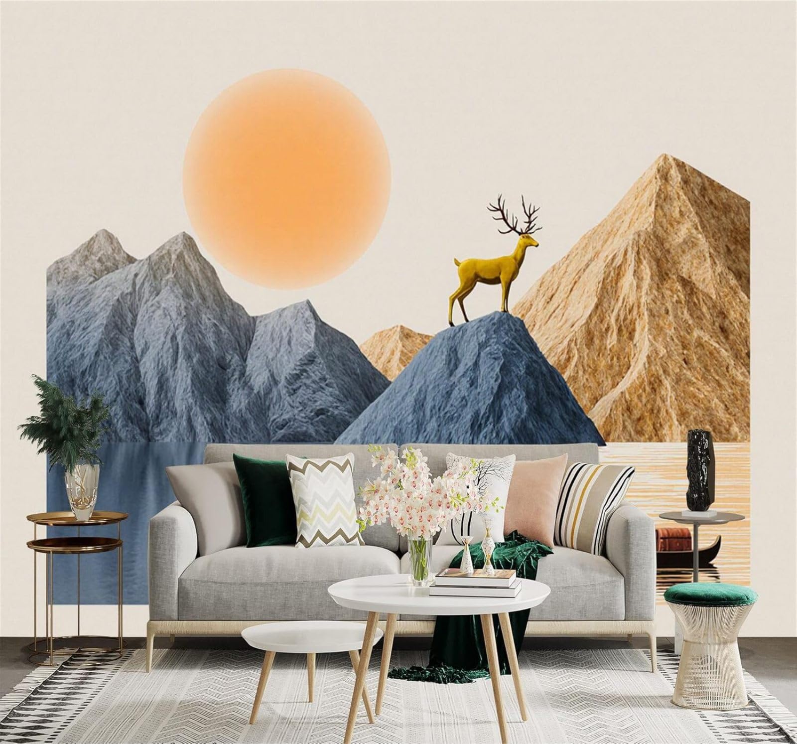 XLMING Mountains Golden Deer Lakes Boats Sunset Scenery 3D Wallpaper Silky Texture Home Study Office Grey Dining Room Sofa Bedroom Living Room TV Backdrop-300cm×210cm