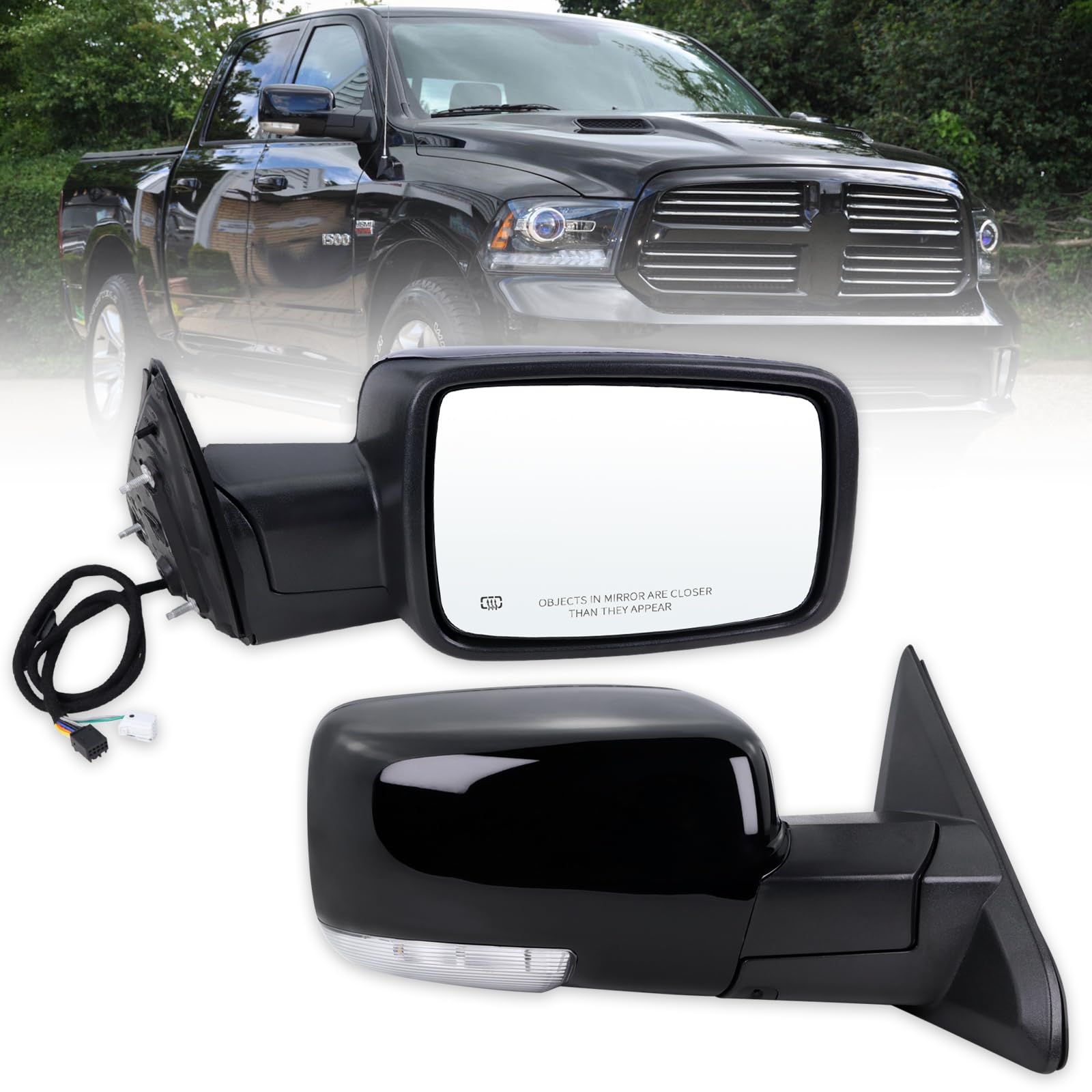 Photo 1 of Lqito Right Passenger Side Door Mirror Compatible With 2013-2018 Ram 1500 2500 3500 With Power Folding Power Glass Heated Turn Signal Puddle Lights Black Replace#68096196AF (9+2Pins)