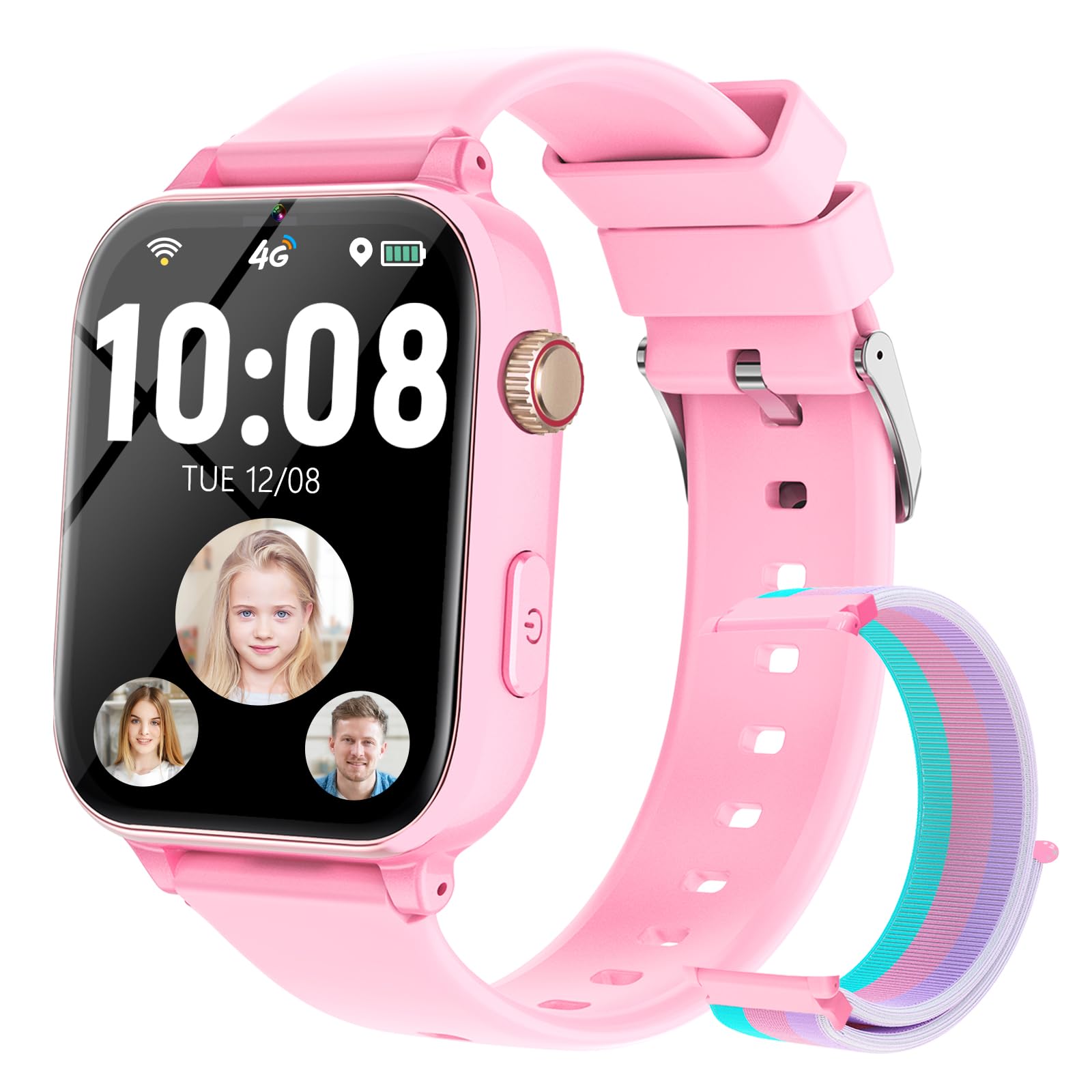 Smartwatch Niños con GPS y Llamadas, Reloj Niños con 4G Telefono, SOS, Chat de Voz, Videollamada, WIFI， Modo Clase, Cámara, Podómetro, Juegos, Reloj Llamadas Niño Niña de 4 a 12 Años, Rosa Medio
