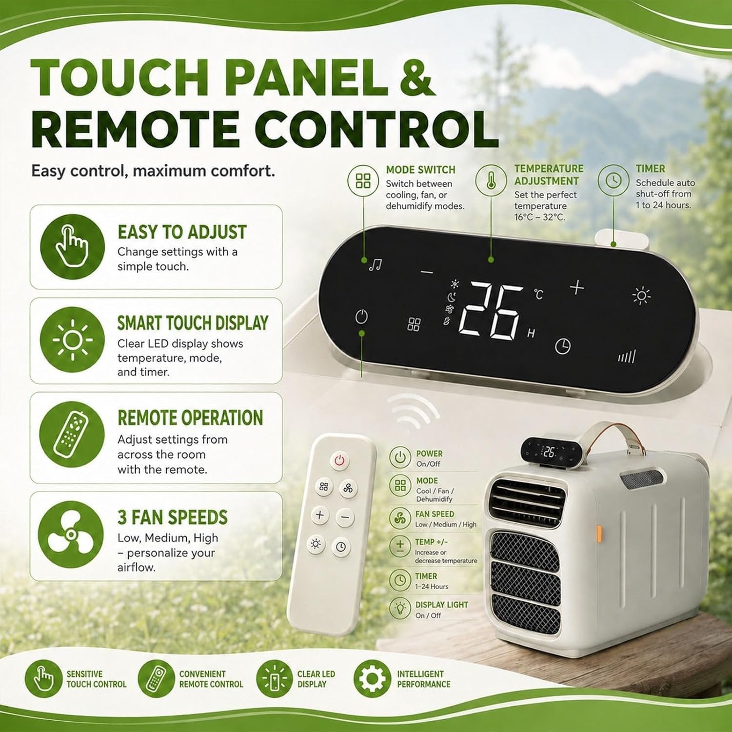 Condizionatore d'aria portatile 4 in 1 per campeggio all'aperto, viaggio, roulotte, caravan, camper, tenda e furgone, con raffreddamento, riscaldamento e deumid, Cooling+Heating, Cooling+Heating