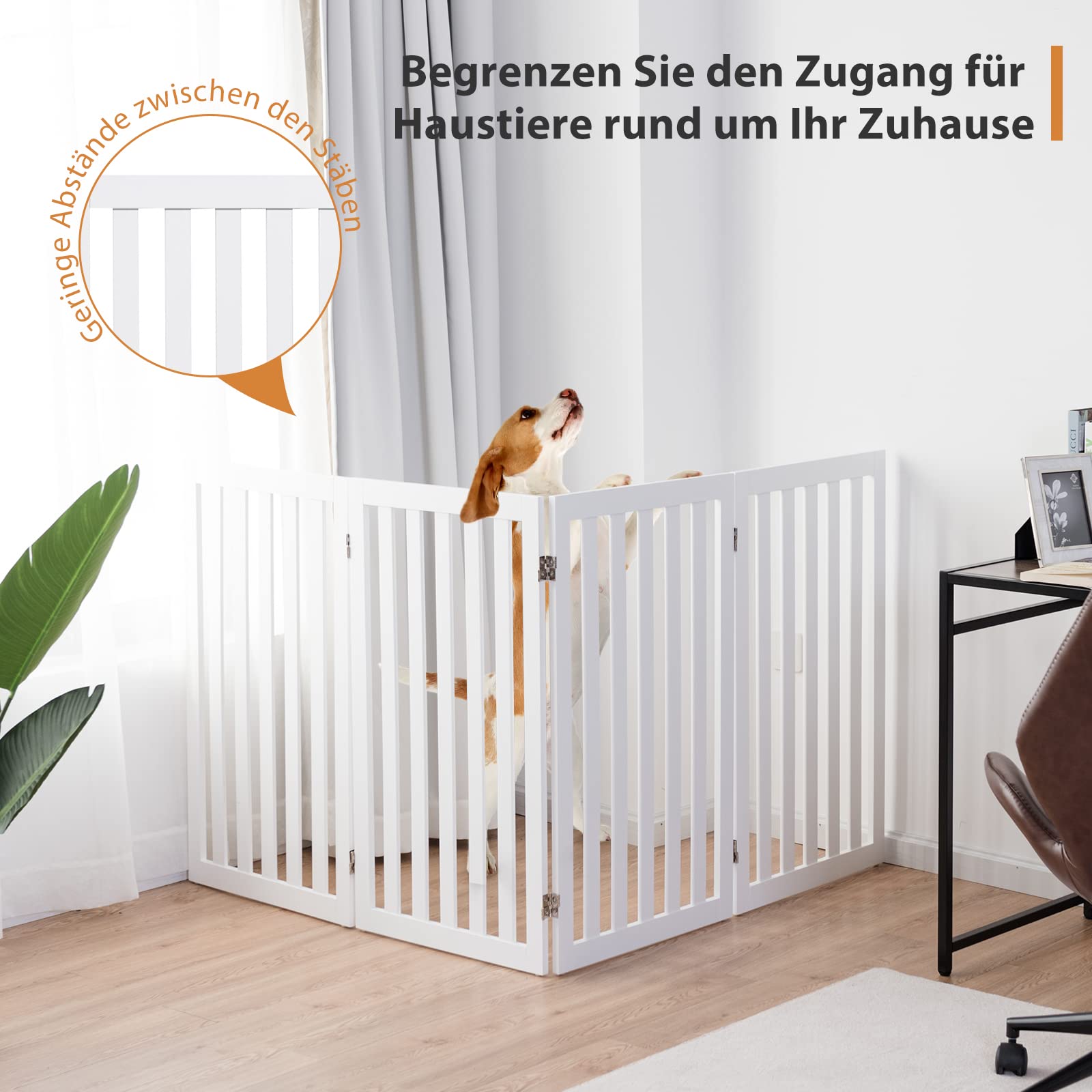 COSTWAY Absperrgitter Hunde 89cm Hoch, 4 Paneelen Schutzgitter Holz, Kindergitter klappbar, Treppengitter Hundeabsperrgitter flexibel Türschutzgitter (Weiß)