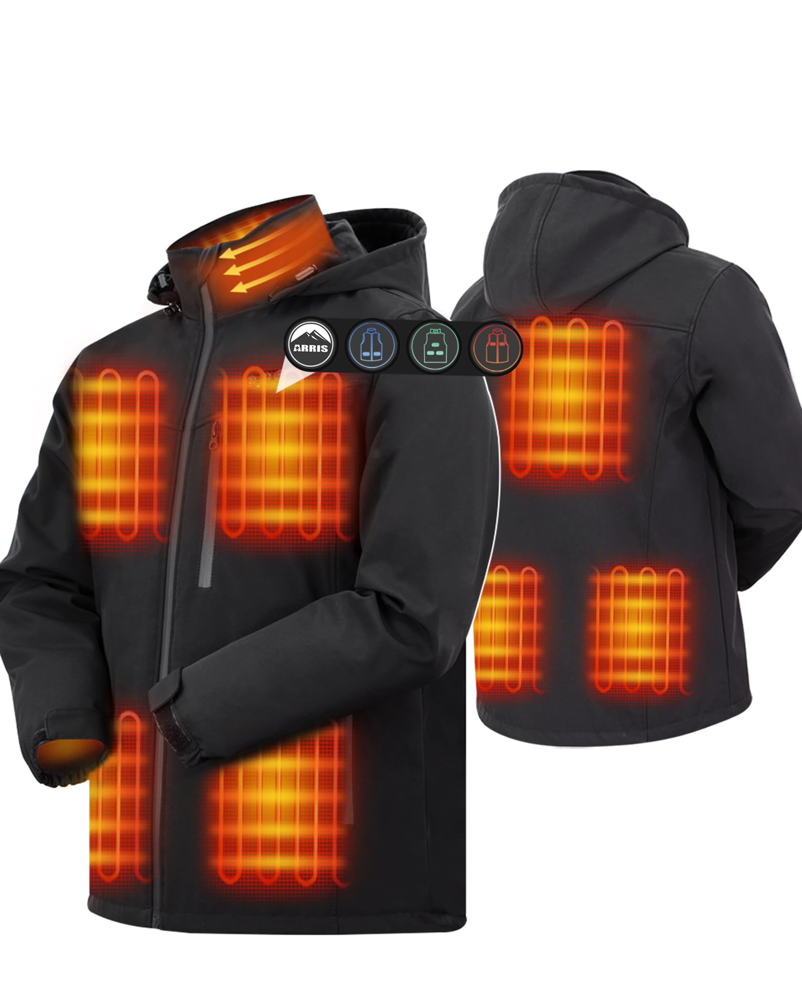 Men`s Heated Jacket, Electric Heating Coat with Battery and Detachable Hood - Waterproof, 8 Heating Areas