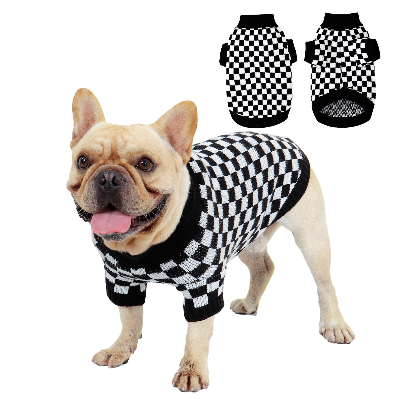 Plaid Dog Sweater for Small Dogs Pullover Turtleneck Knitted Cat Sweater Thick Warm Pet Clothes Outfits for Chihuahua, Bulldog, Dachshund, Pug, Yorkie (X-Large, Black)
