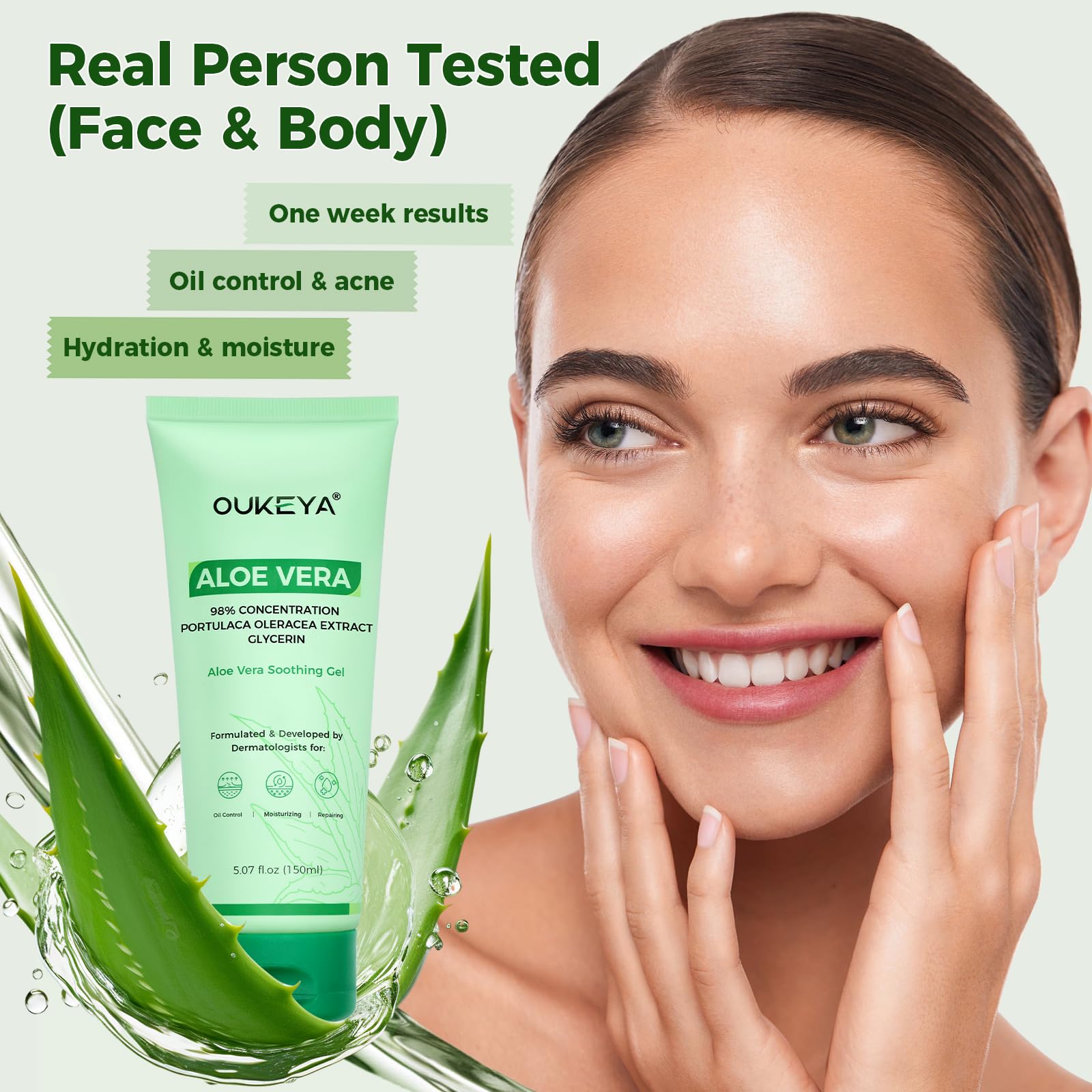 OUKEYA Aloe Vera Pure Gel 150 Ml + 2% Niacynamid, Do Twarzy, Ciała i Włosów, Na Poparzenia Słoneczne, Oparzenia i Suchą Skórę, Łagodzący, Wzmacnia Barierę Skórną, Dermatologicznie Testowany