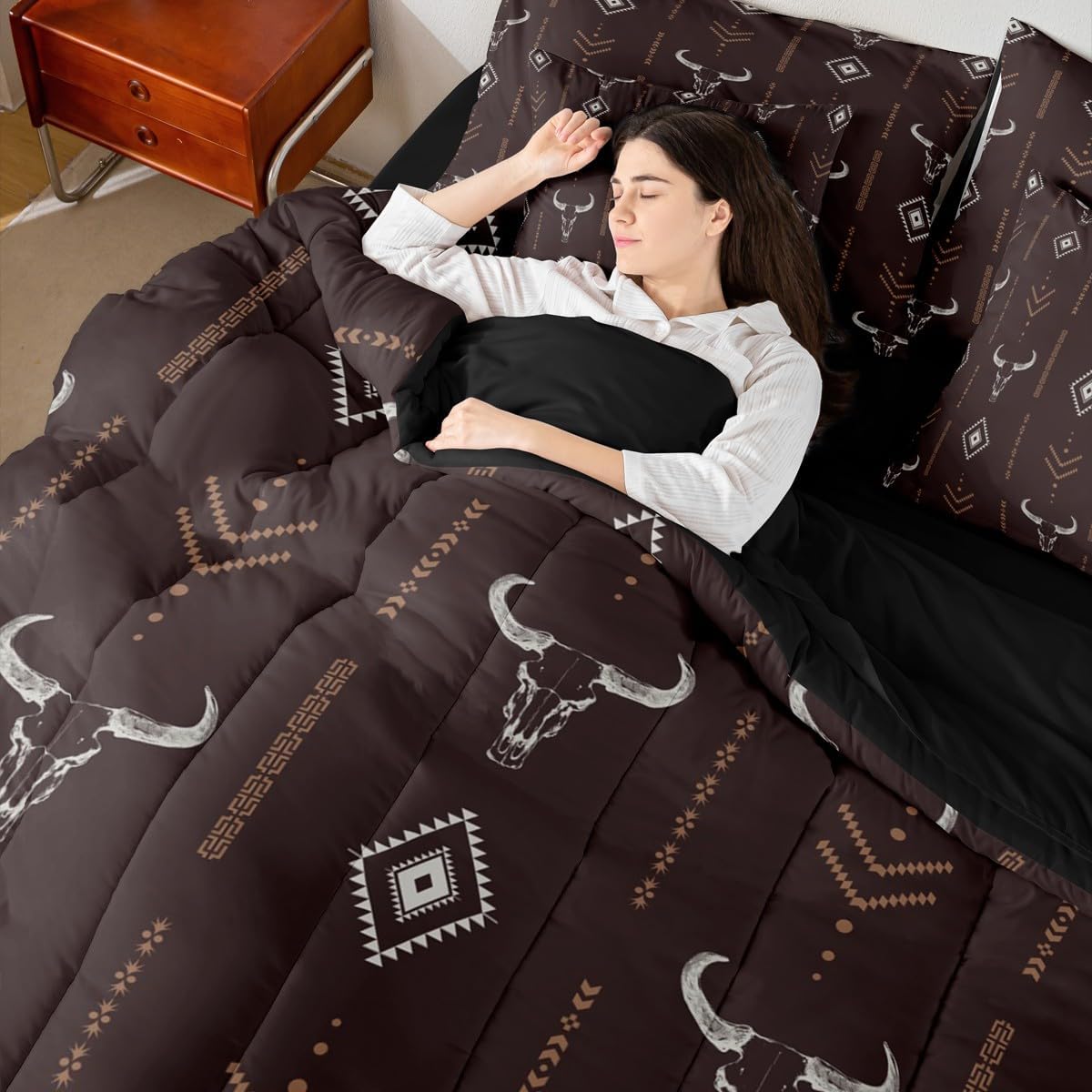 Western Bull Skull Bedding Sets Adults Boho Southwestern Bed In A Bag Queen Comforter Set 7 Piece,Teens Women Men Geometric Comforter And Sheets Tribal Ethnic Aztec Arrow Bed Set Brown Room Decor