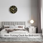 VIKMARI 12" Black Gold Marble Silent Wall Clock Salle de bain Salon Décor , Batterie moderne , Occasion Non-Ticking Round Quartz Marble Texture Clock Or mains Rustique Golden Kitchen Decor