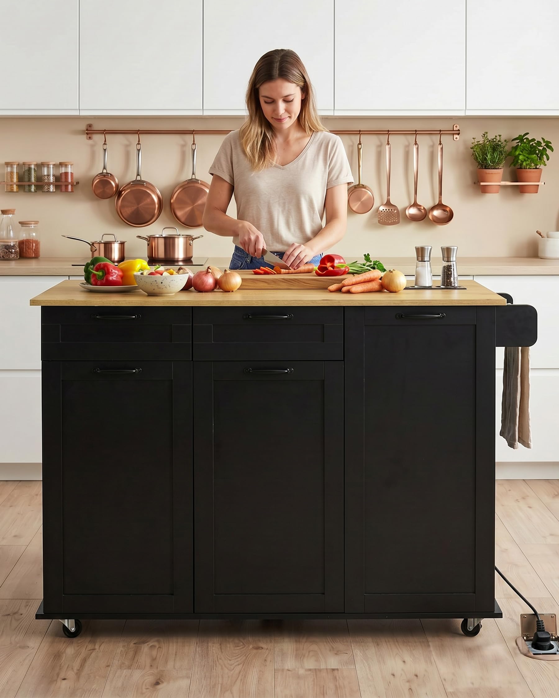 Isola da Cucina con Presa e Piano di Lavoro Pieghevole Mobile da Cucina con Ruote Credenza da Cucina Salvaspazio con 2 Cassetti e 2 Ante Nero/Rovere 120 x 74 x 94,5 cm
