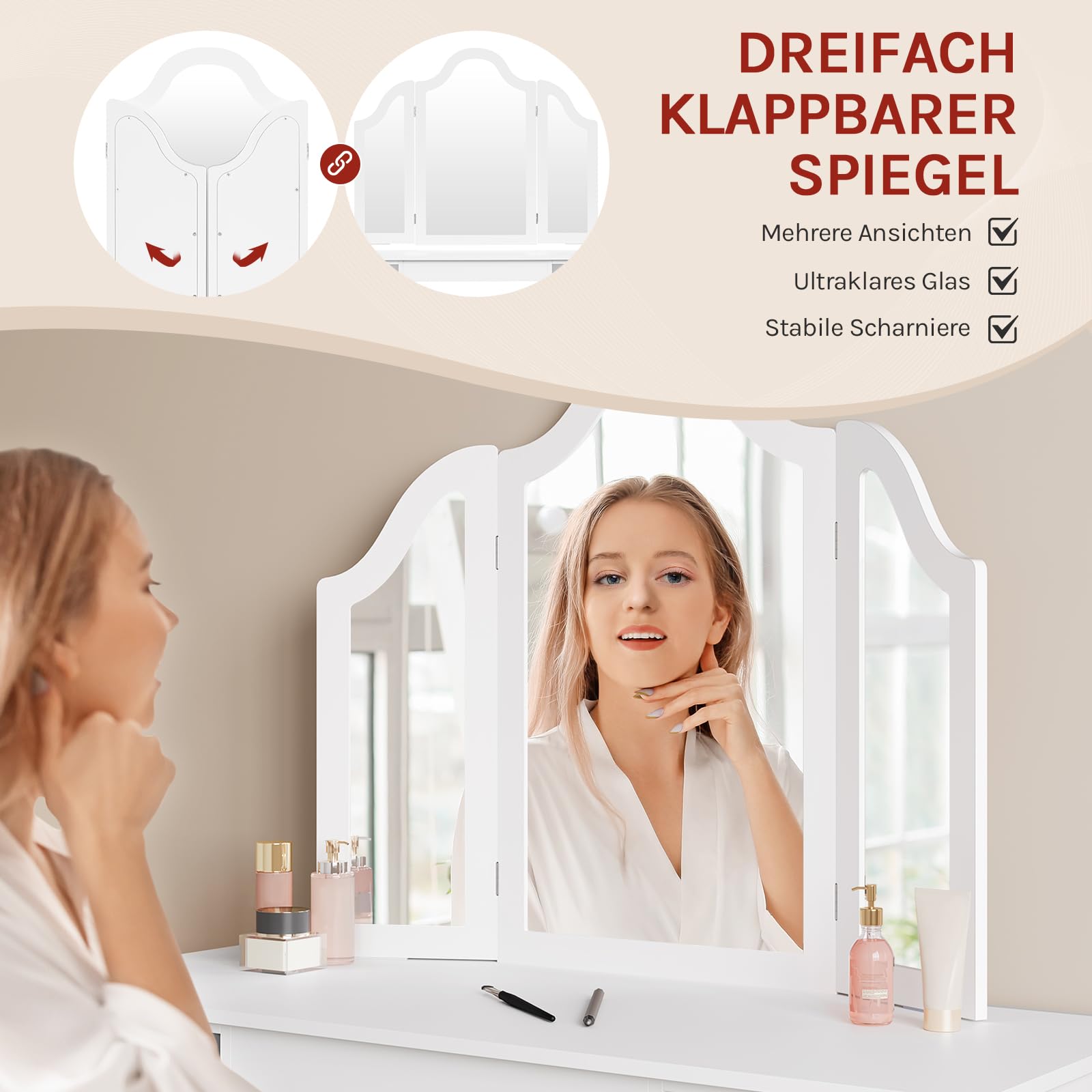 WOLTU Kinder Schminktisch mit Hocker Spiegel, Abnehmbarer Dreifachspiegel, Kleiner Frisiertisch mit 4 offenen Fächern, verstellbare Einlegeböden, Mädchen Kosmetiktisch, weiß, MDF, MB6120ws