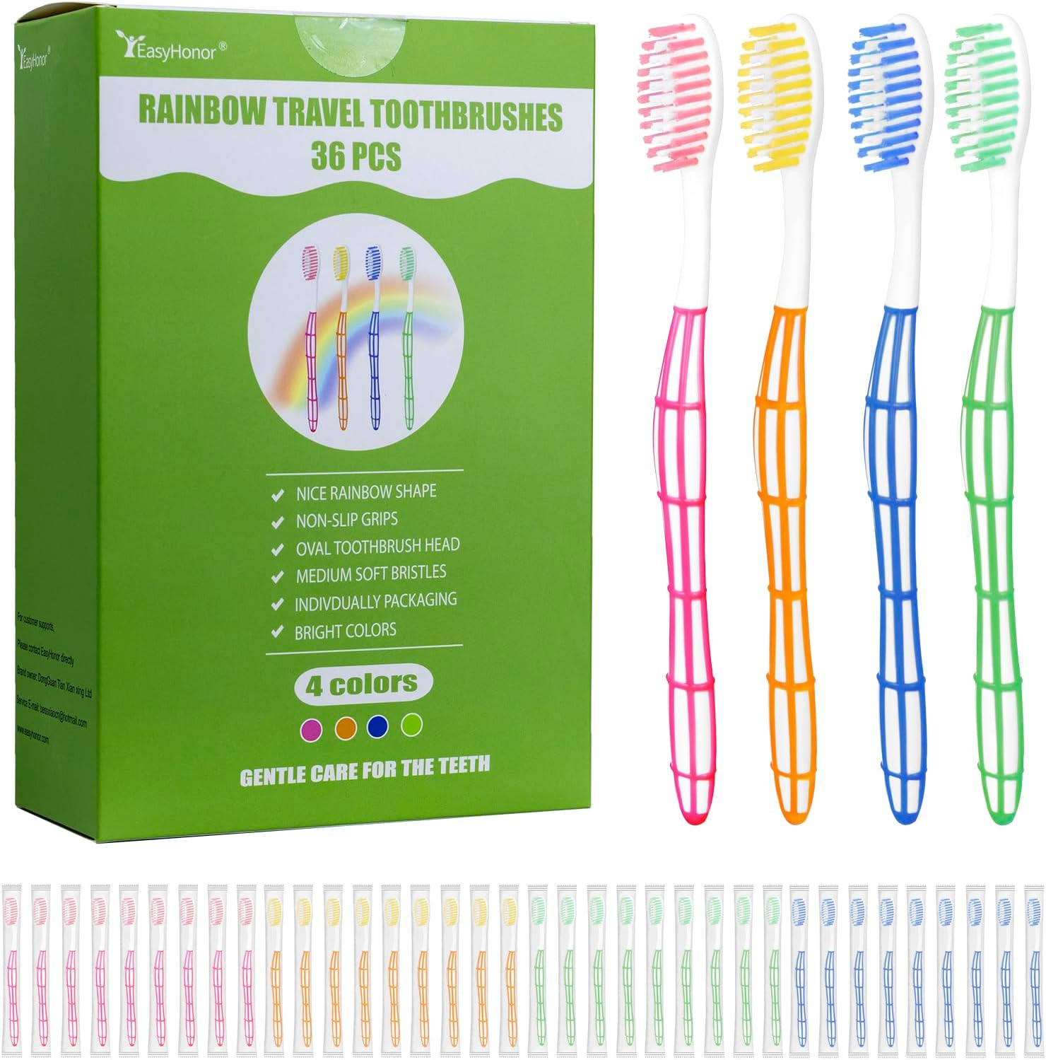 EasyHonor 36 PCS Individually Wrapped Bulk Toothbrushes, Colorful Manual Disposable Travel Toothbrush Set for Adults, Ergonomics Handle, Medium Soft Bristles, Perfect for Travel, Hotels, Donations.