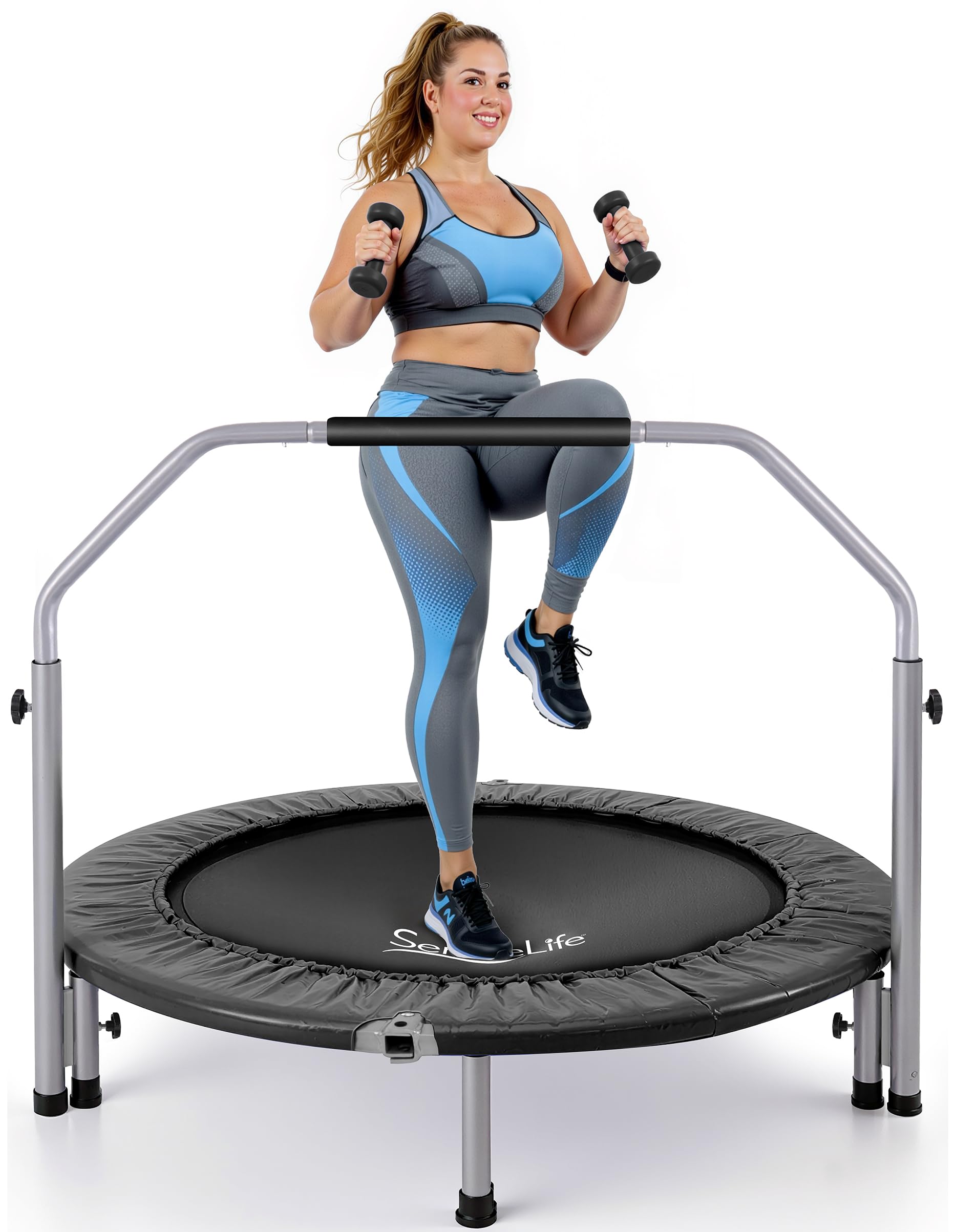 SereneLife 40" Foldable Mini Trampoline - Compact Fitness Trampoline for Kids Adults, Exercise Rebounder with Adjustable Foam Handle, Indoor/Garden Workout Equipment, Max Load 220 lbs, Black