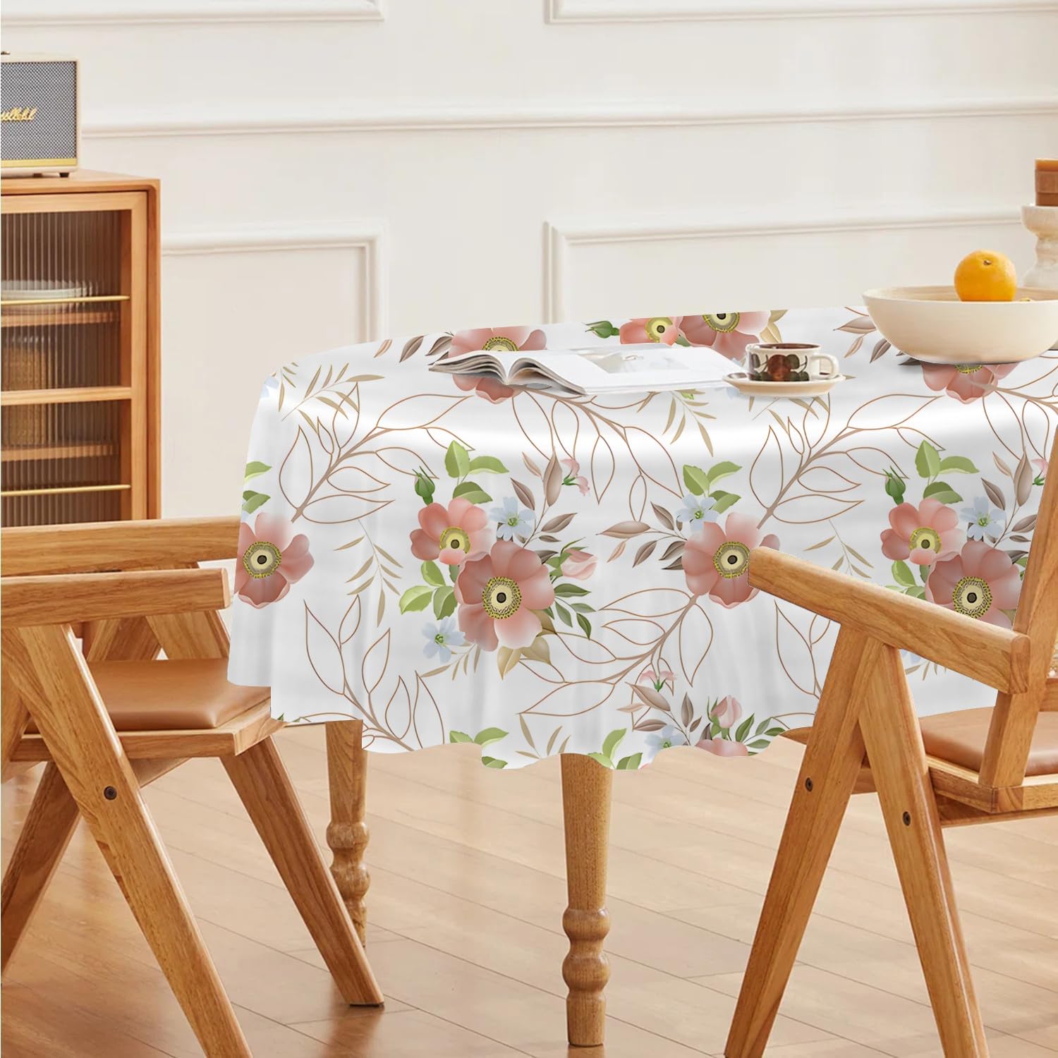 Liane Florale Pêche Nappe Impermeable Ovale 180x240 cm Feuille Dorée, Nappe de Table Botanique en Tissu Polyester, Décoration Nappe Lavable et Anti-Tache, G-8