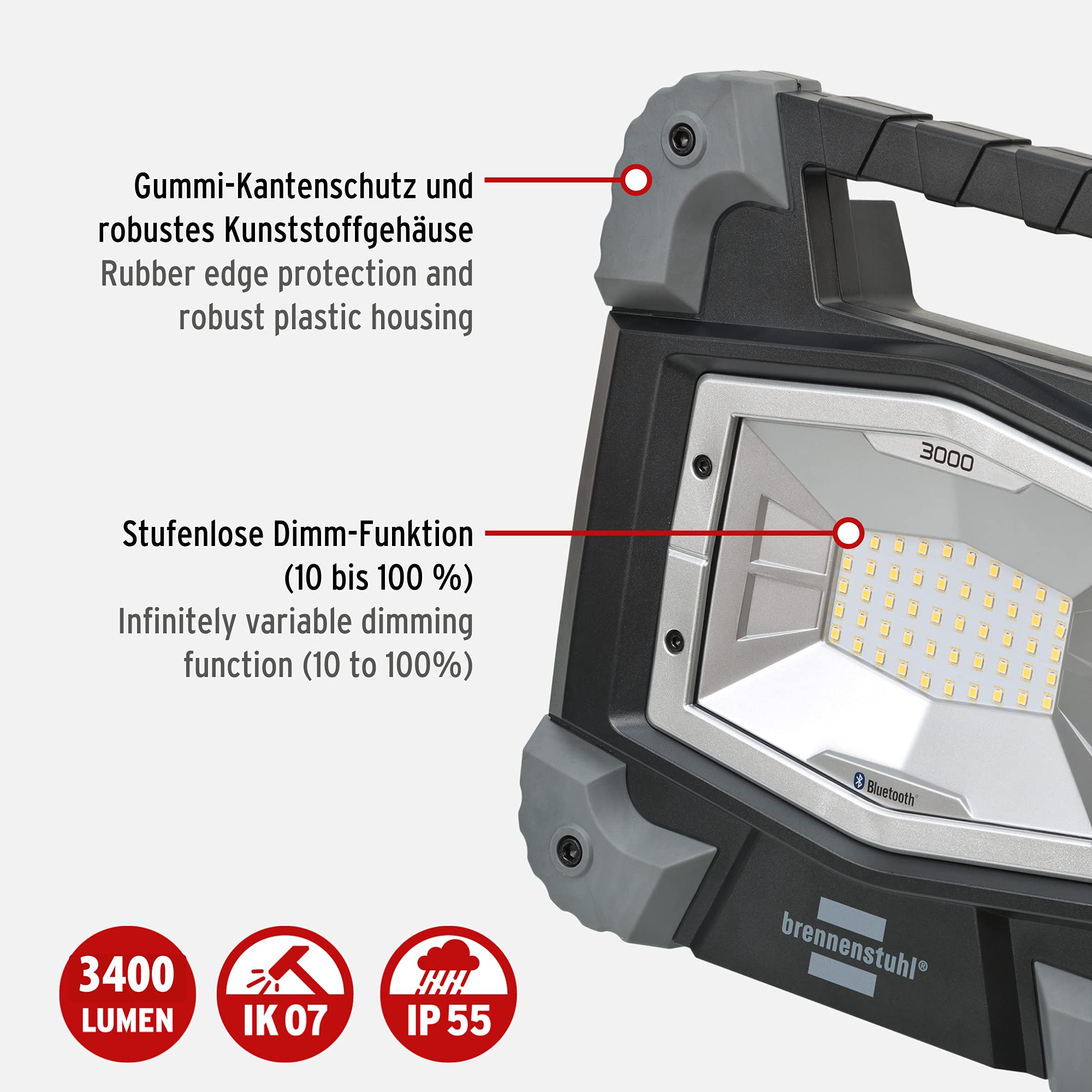 Brennenstuhl Reflektor budowlany Bluetooth TORAN 3050 MB (30W, 3400lm, 5000K, IP55, lampa robocza led, z mozliwoscia sterowania swiatlem za pomoca aplikacji i przewodem RN o dlugosci 5 m)