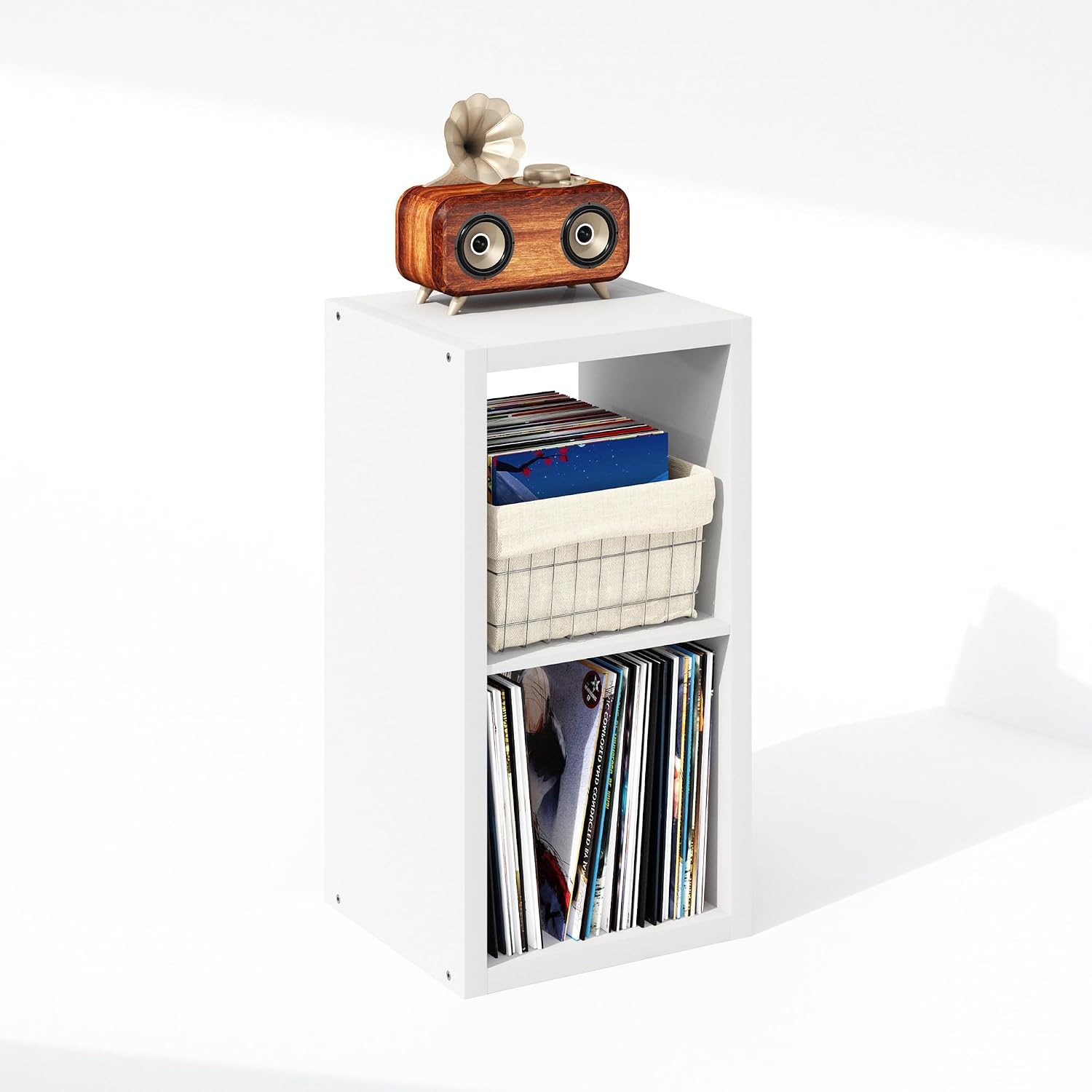 Furinno Cubicle Record Player Stand, 2-Cube Vinyl Record Storage, White